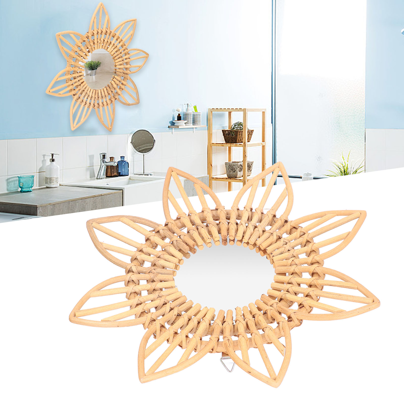 Dekorativer Spiegel Aus Geflochtenem Rattan Im Nordischen Stil, Künstlerischer Wandspiegel Für Badezimmer Oder Hotellounge, Vintage-schminkspiegel Mit Blumenverzierung.