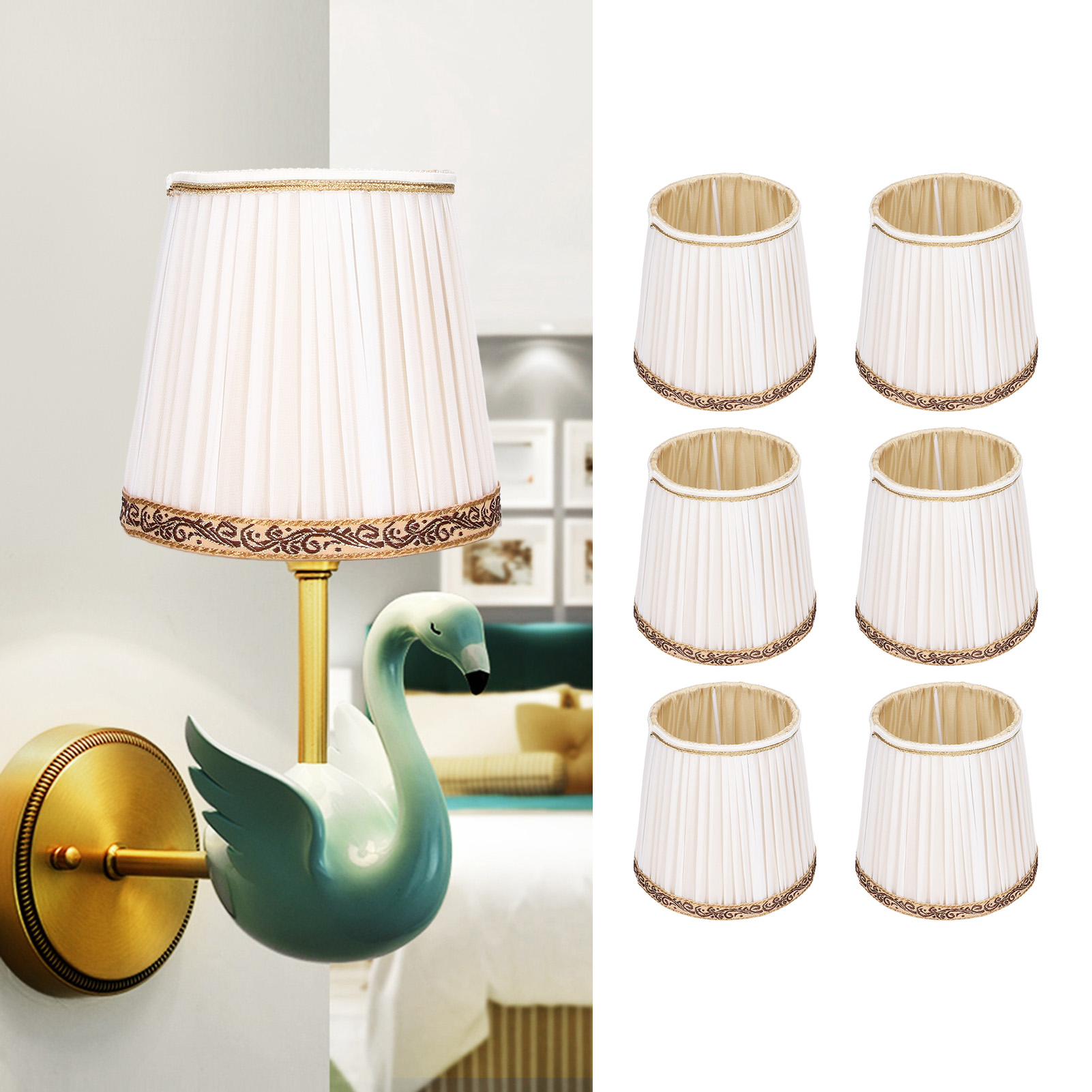 Lampenschirm Aus Stoff, Europäischer Minimalistischer Stil, Cremeweiß Mit Goldenem Rand, Aus Gefaltetem Stoff, Geeignet Für E14-kerzenlampen, Stehlampen, Tischlampen, Pendelleuchten Und Wandleuchten.