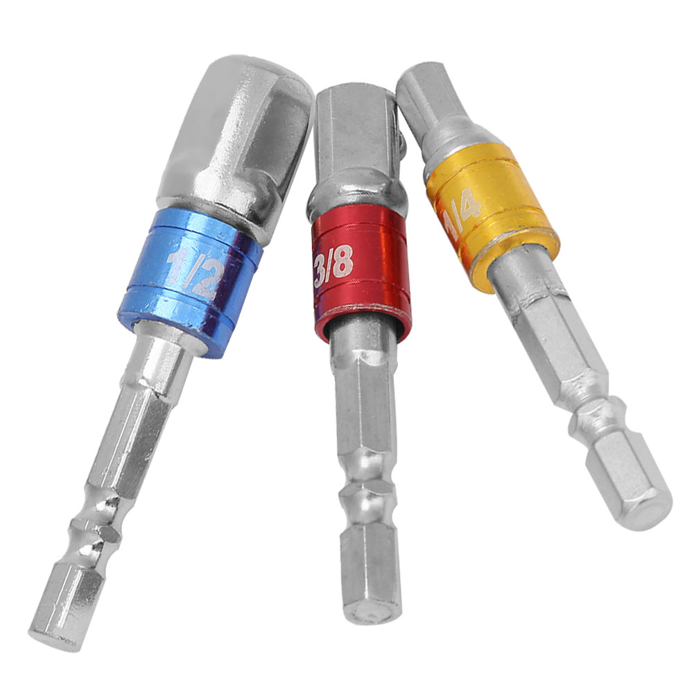 Sechskant-auf-vierkant-steckschlüssel (3-teilig) Mit Farbigem Aluminium-adapterring (1/4, 3/8, 1/2)