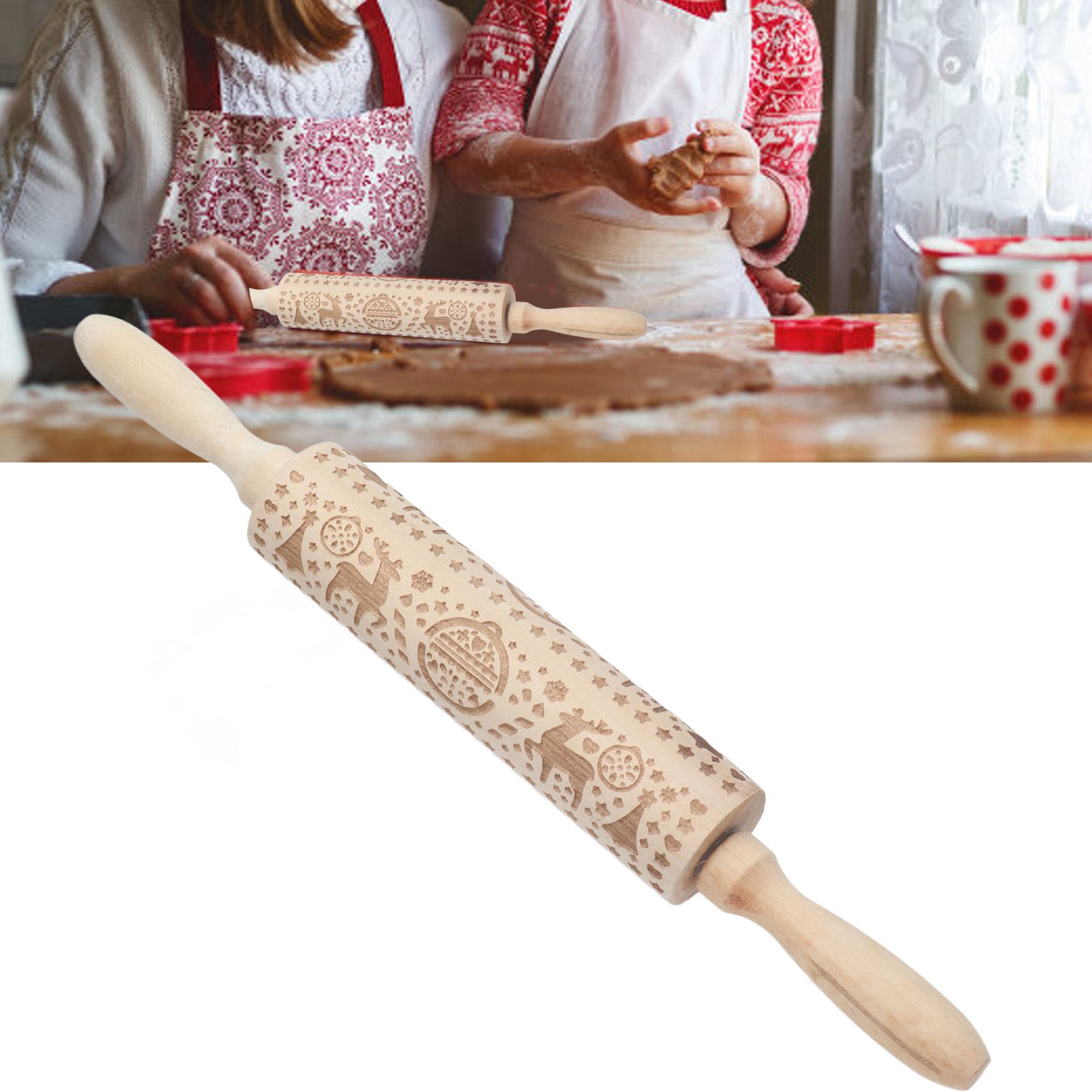 Weihnachtlich Bedruckter Nudelholz Aus Holz, Geschnitzter Und Geprägter Nudelholz Aus Holz, Bastelidee Zum Ausrollen Von Plätzchen
