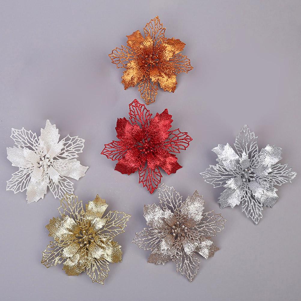 10 Weihnachtliche Deko-elemente, Glitzernde Blumen, Durchbrochene Blätter, Bastelzubehör, Champagnerfarben, 11 Cm
