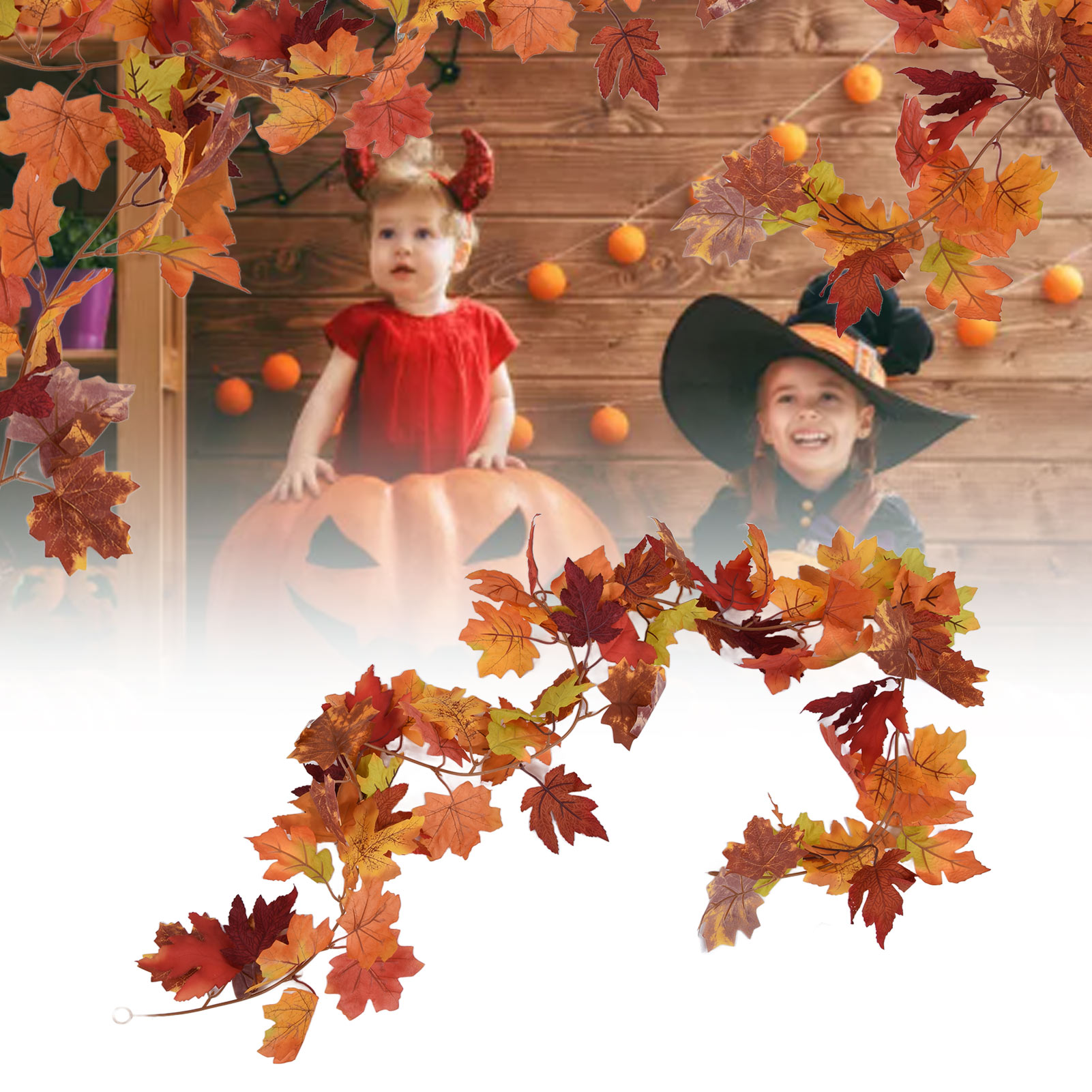 Künstlicher Ahornblattkranz, Künstlicher Blätterkranz, Gartendekoration Für Thanksgiving Und Halloween, Künstliche Ahornranke Mit Zwei Ahornblättern Und Einem Sich Wiederholenden Muster Von 7 Blättern