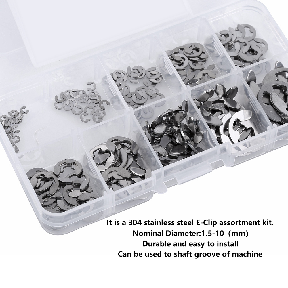 Packung Mit 120 E-förmigen Sicherungsringen Aus Edelstahl 304, Durchmesser 1,5 Bis 10 Mm, Verpackt In Einer Schachtel.