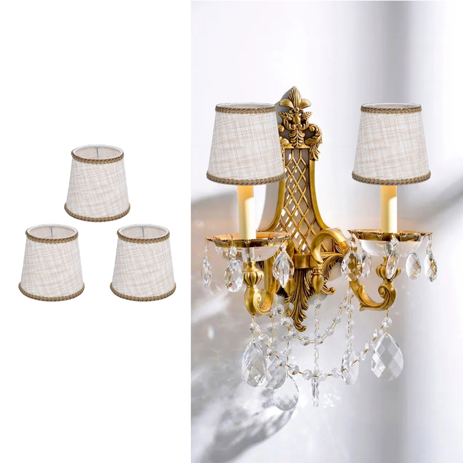 Set Aus 3 Aufsteckbaren Stofflampenschirmen Im Modernen Minimalistischen Stil, Für Kristalllüster Oder Wandleuchten, Verkauf Im 3er-set.