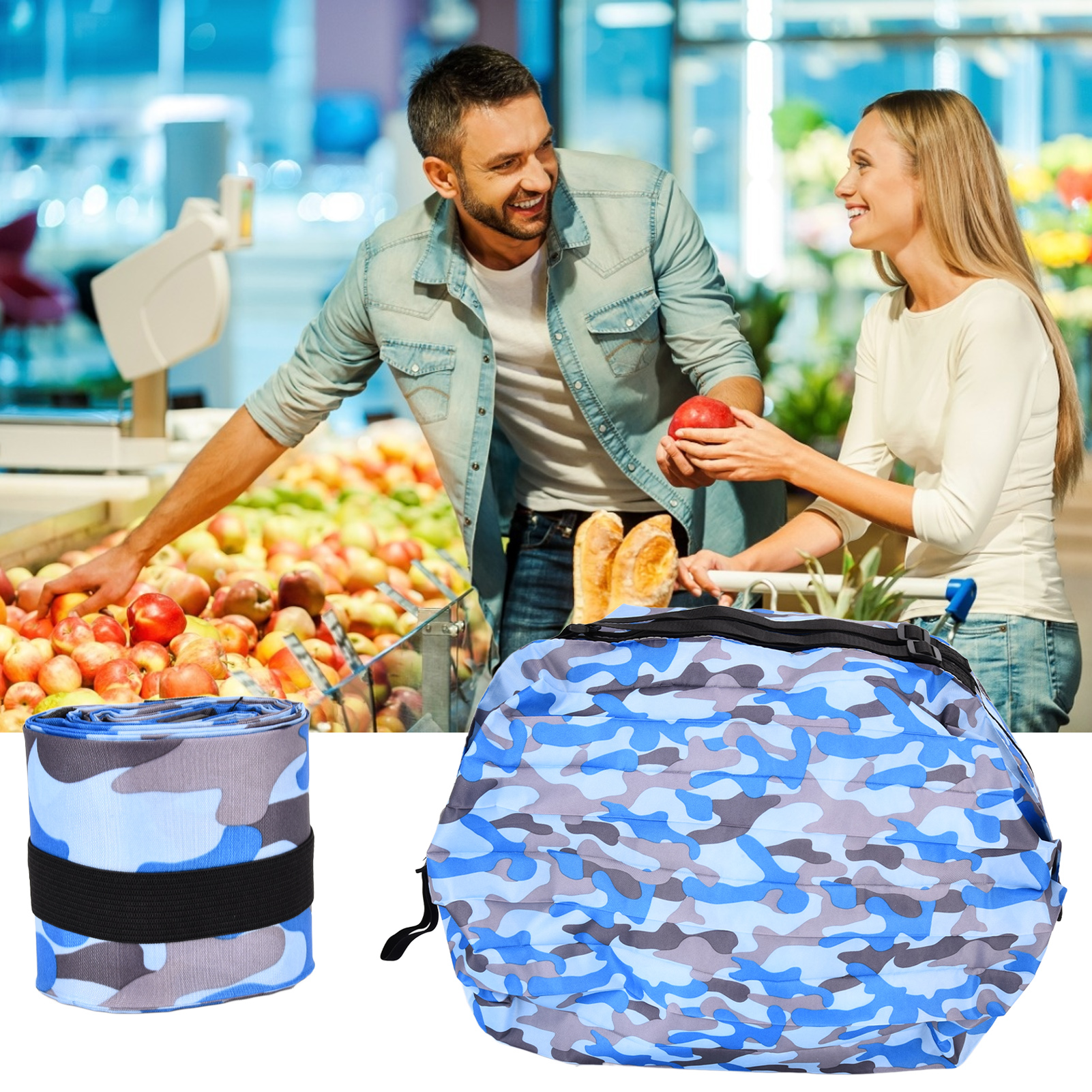 Große Japanische Reisetasche Aus Polyester Im Akkordeonstil, Wasserdicht, Faltbar Und Tragbar, Blaues Tarnmuster.