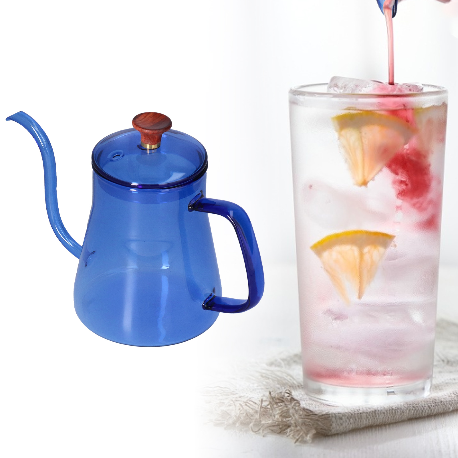 Glaskaffeemaschine Mit Manuellem Perkolator, Kaffeetasse Mit Langem Schwanenhalsausguss, 350-ml-blaue Wasserflasche.