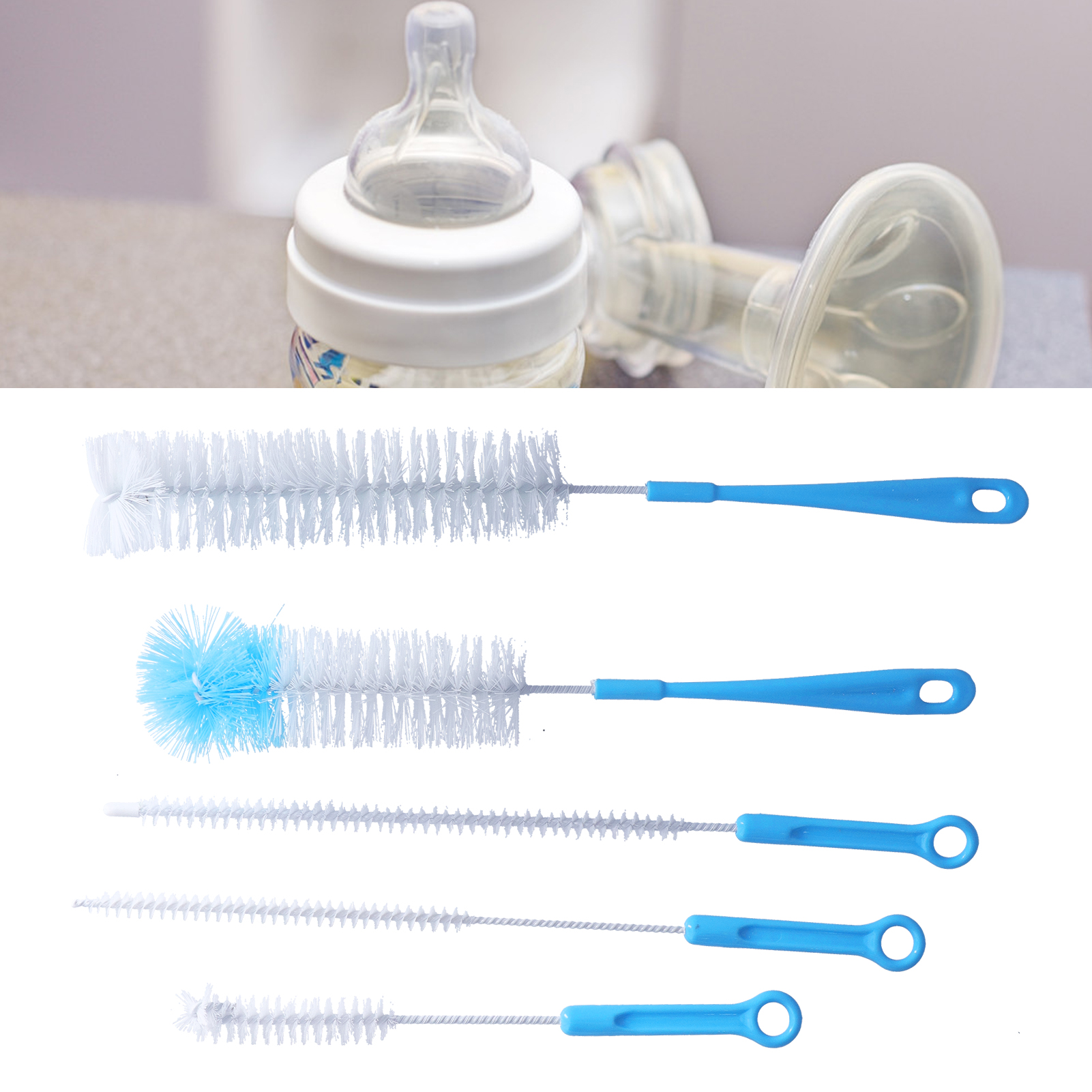 5-teiliges Set Bestehend Aus Einer Blauen Babyflaschenbürste, Einer Weinflaschenbürste, Einer Tassenbürste Und Einem Make-up-pinsel