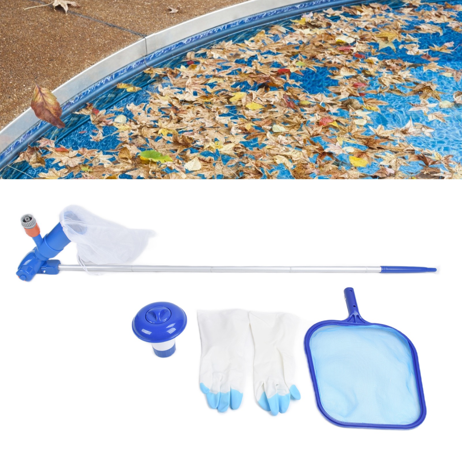 Poolreinigungsset Inklusive Skimmernetz, Saugkopf, Chemikaliendosierer Und Reinigungshandschuhen.