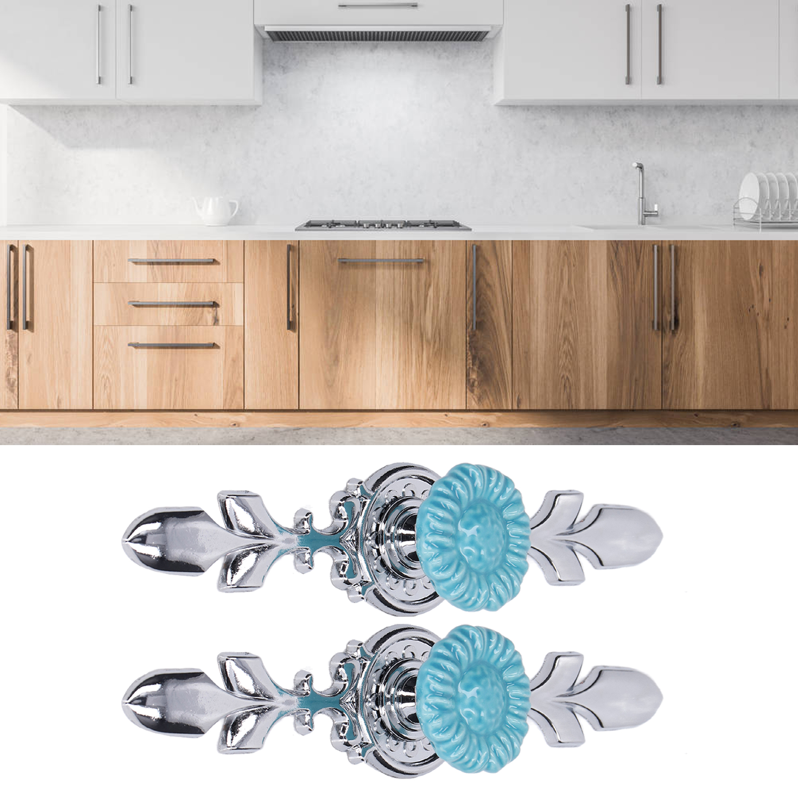 2 Sets/zu Verkaufen: Küchenschubladen- Und Schrankgriffe Im Europäischen Stil, Rund, Pastoralblau, Modern Minimalistisch, Einlochgriff, Sonnenblumen-design 1088d.
