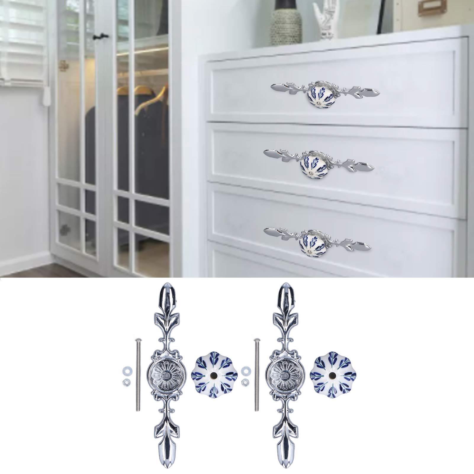 Sets Blau-weißer, Kürbisförmiger Porzellangriffe Für Schrank-, Kleiderschrank- Und Garderobentüren – Moderner Minimalistischer Landhausstil – Artikelnummer 1061d – Große Ausführung