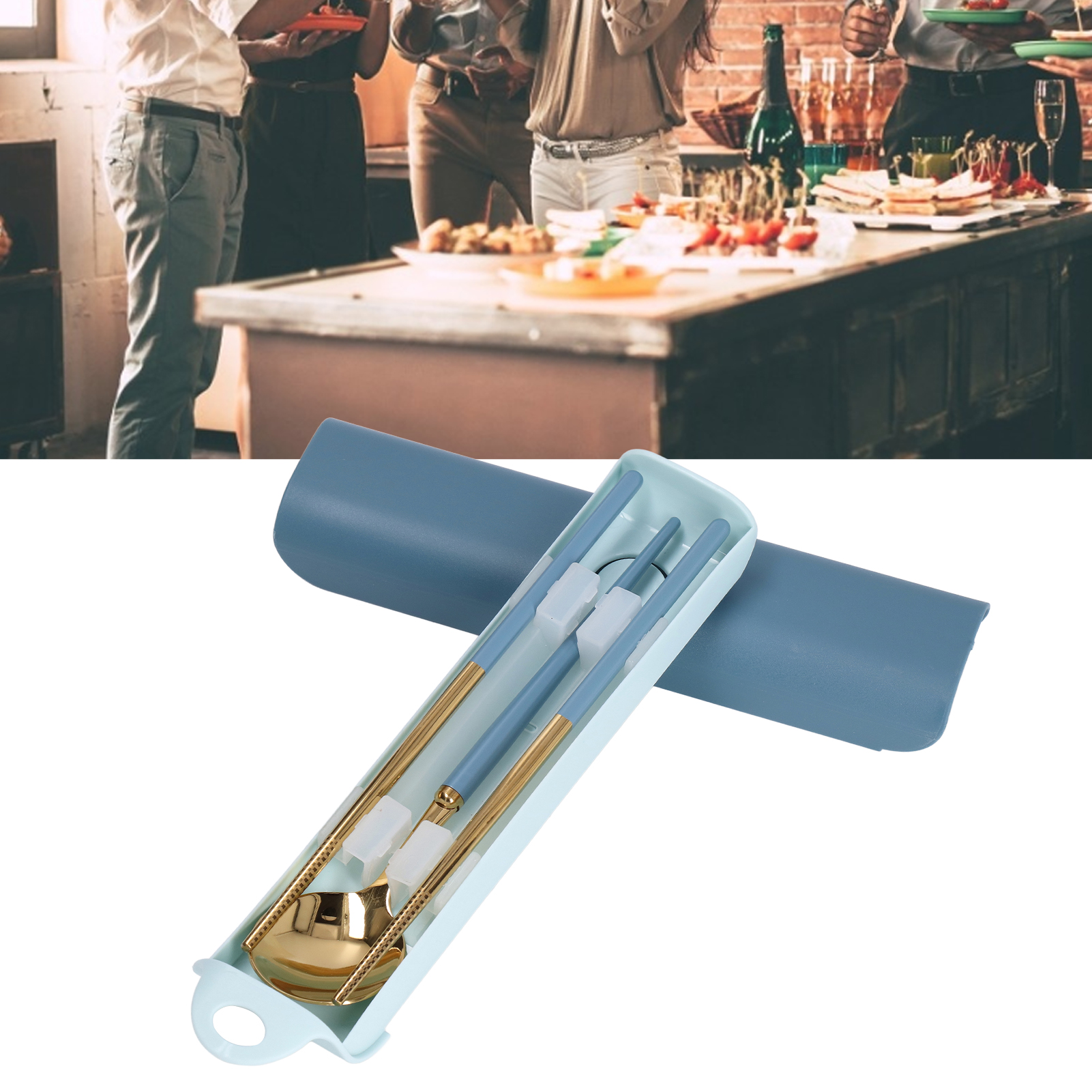 Tragbares Edelstahl-besteckset, Aufbewahrungsbox Für Essstäbchen, Reiselöffel, Einzelset, Blau Und Gold.