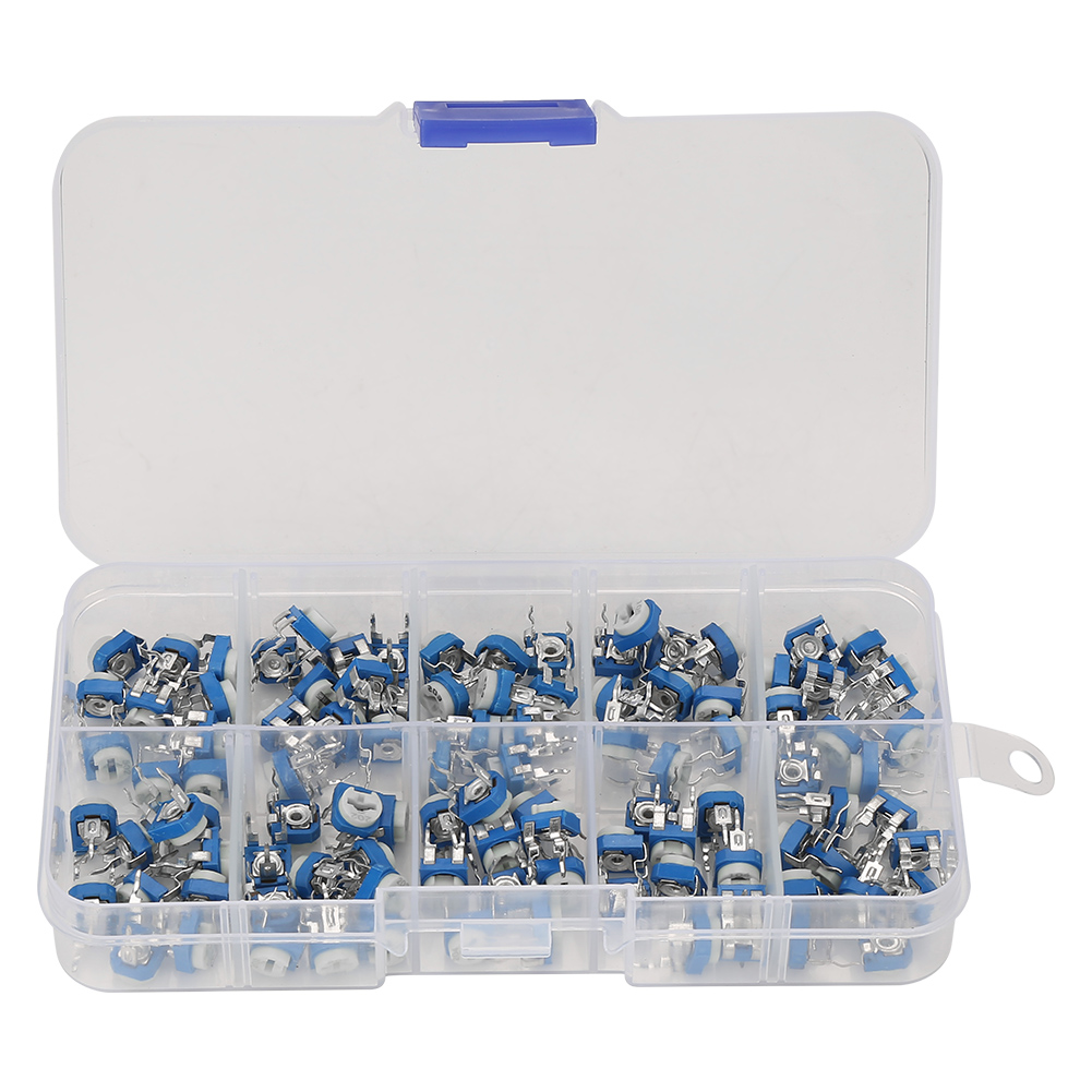 100 Blaue Und Weiße Rm065-einstellwiderstände (6 Mm) In 10 Verschiedenen Größen, Sortierkasten
