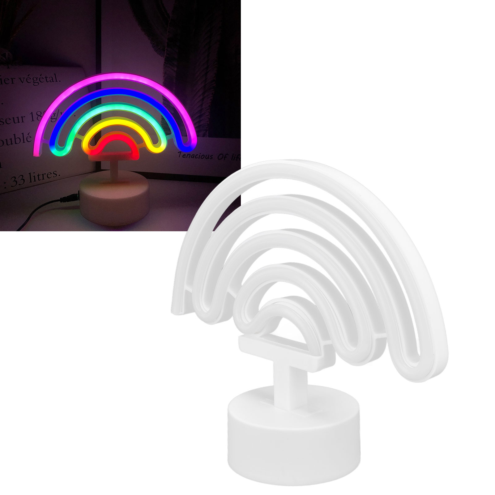 Led-neon-tischlampe Für Schlafzimmer, Bar, Partydekoration, Nachtlicht, Betrieb Über Usb Oder Batterien, Mit Sockel, Regenbogen-design.