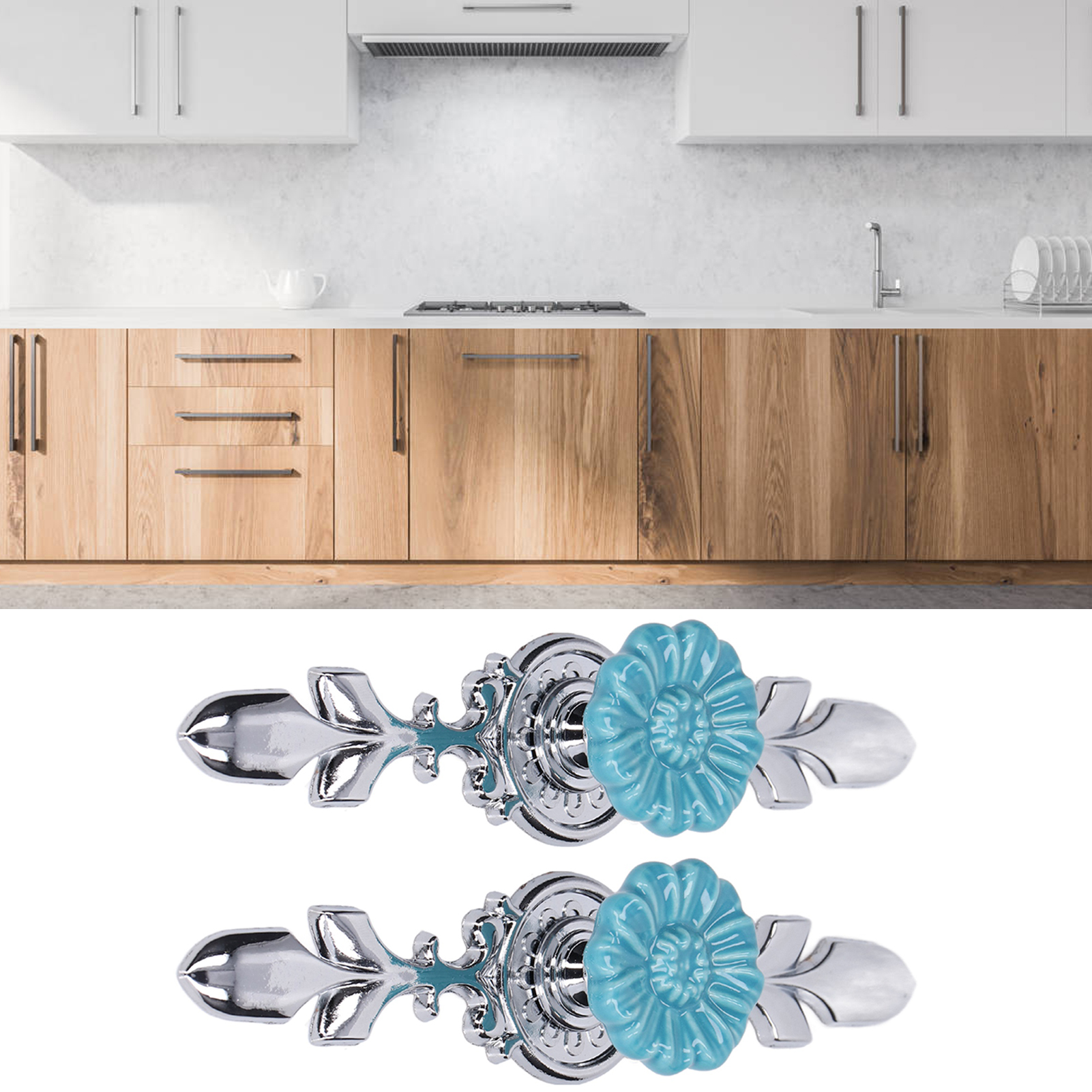 2 Sets/zu Verkaufen: Schubladen- Und Schrankgriffe Im Europäischen Stil, Rund, Pastoralblau, Minimalistisch-moderner Einlochgriff, 1088d Wildchrysantheme.