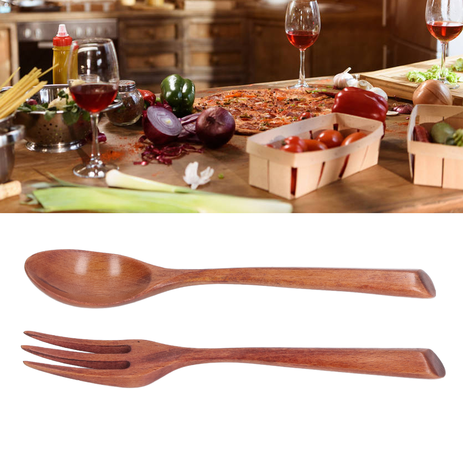 Ein Zweiteiliges Set Bestehend Aus Einem Holzlöffel Und Einer Holzgabel Mit Dreieckigem Griff.