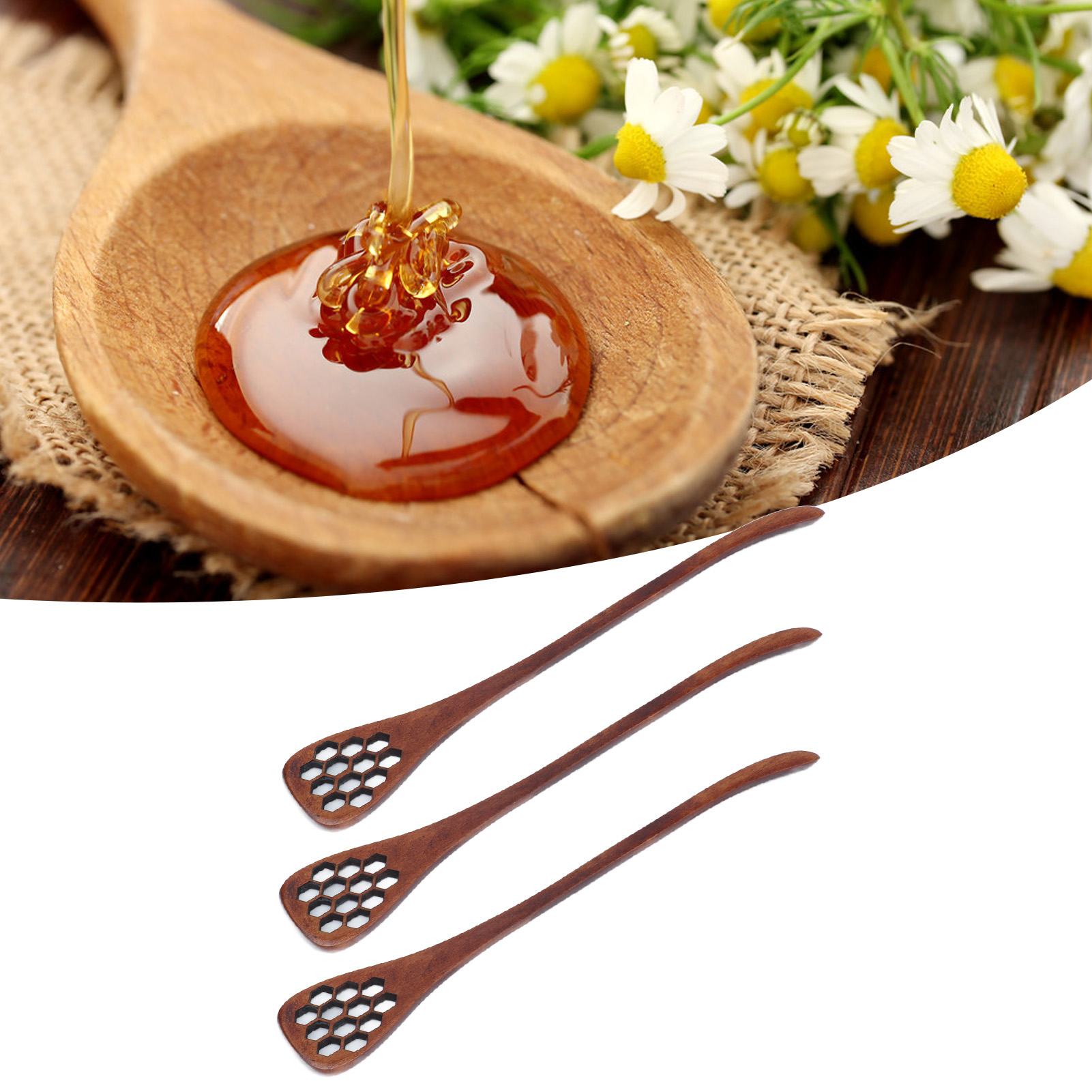 Geschnitzter, Lackierter Honiglöffel In Wabenform Aus Holz.
