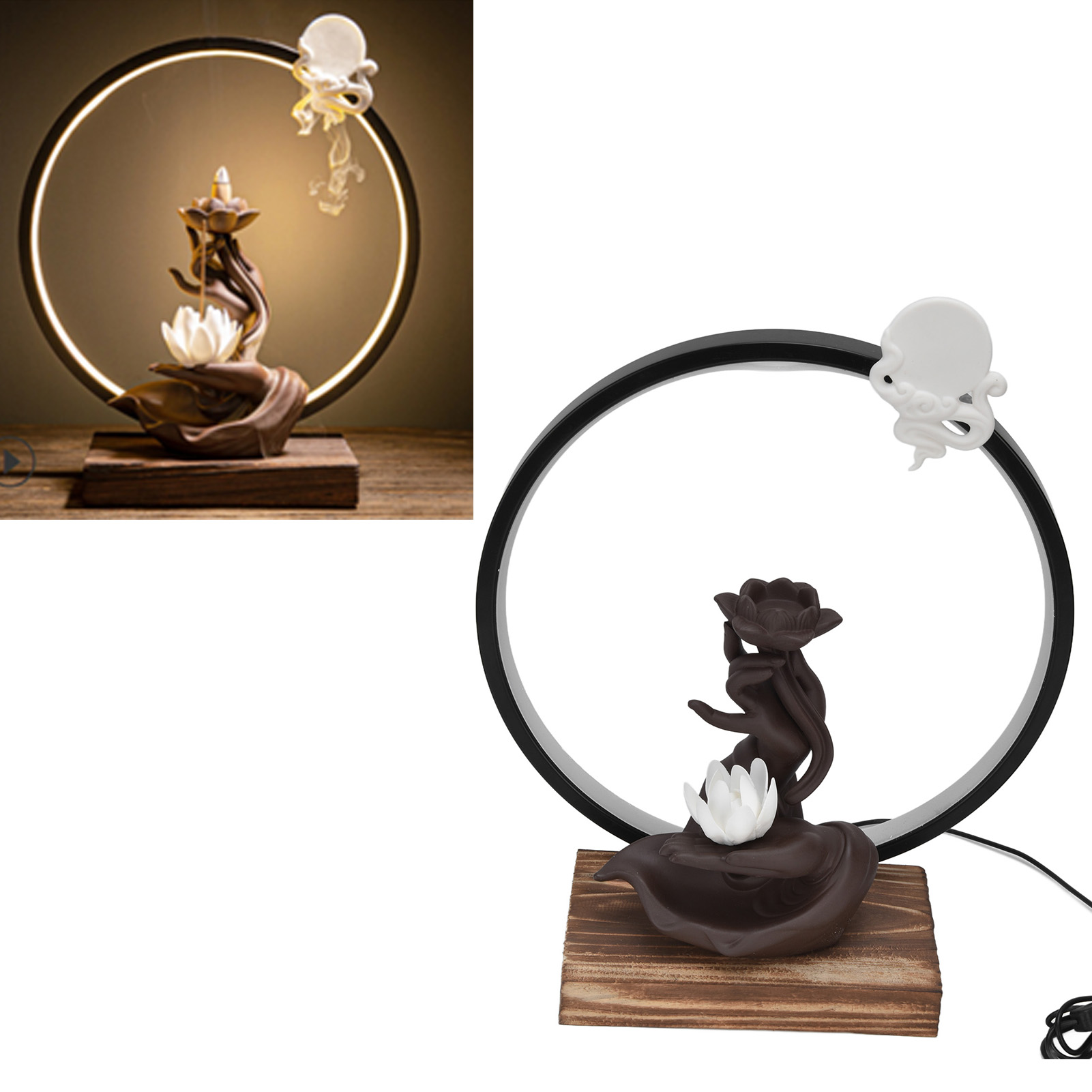 Kreativer Usb-led-rückfluss-räuchergefäß, Vielseitig Einsetzbar Für Zuhause Und Büro, Dekoratives Ornament, Lichtring In Form Von Buddhas Hand Und Lotusherz