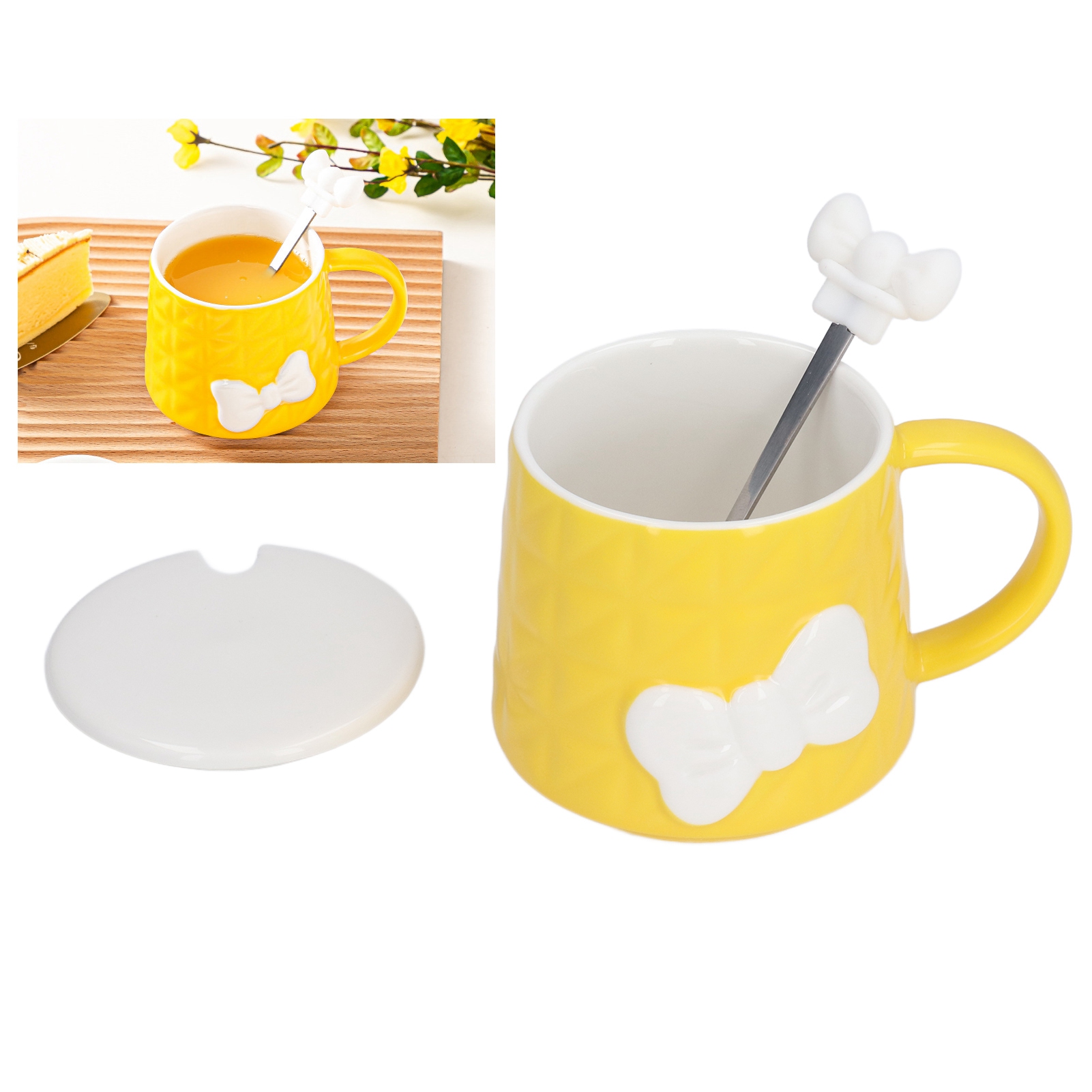Originelle Und Niedliche Keramiktasse In Form Einer Fliege, Ideal Für Paare, Praktische Geschenkbox, Gelb Mit Deckel Und Löffel.