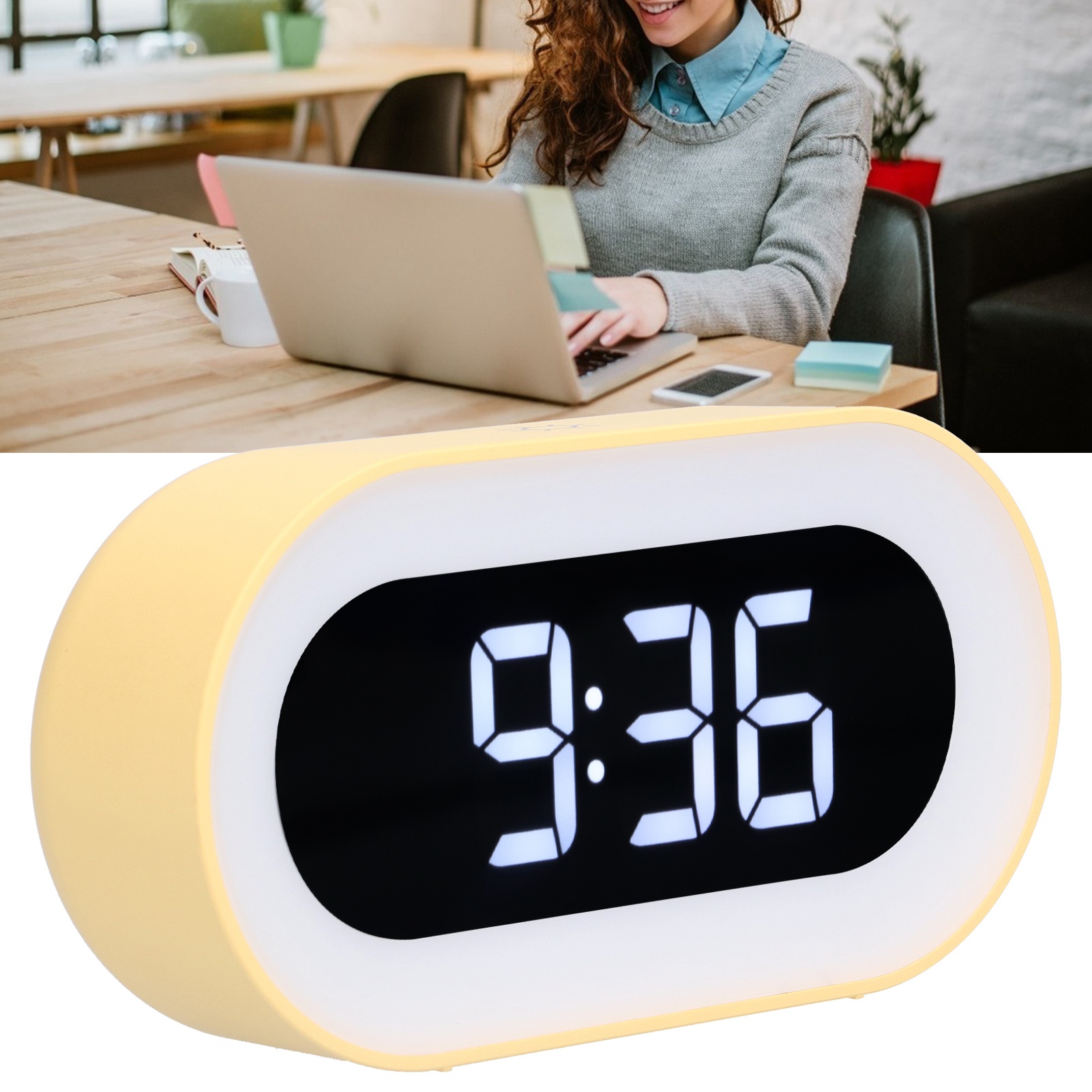 Hochauflösender Led-nachtlichtwecker Mit 18 Musiktiteln, Zwei Alarmen, Ewigem Kalender Und Speicherfunktion (gelb).