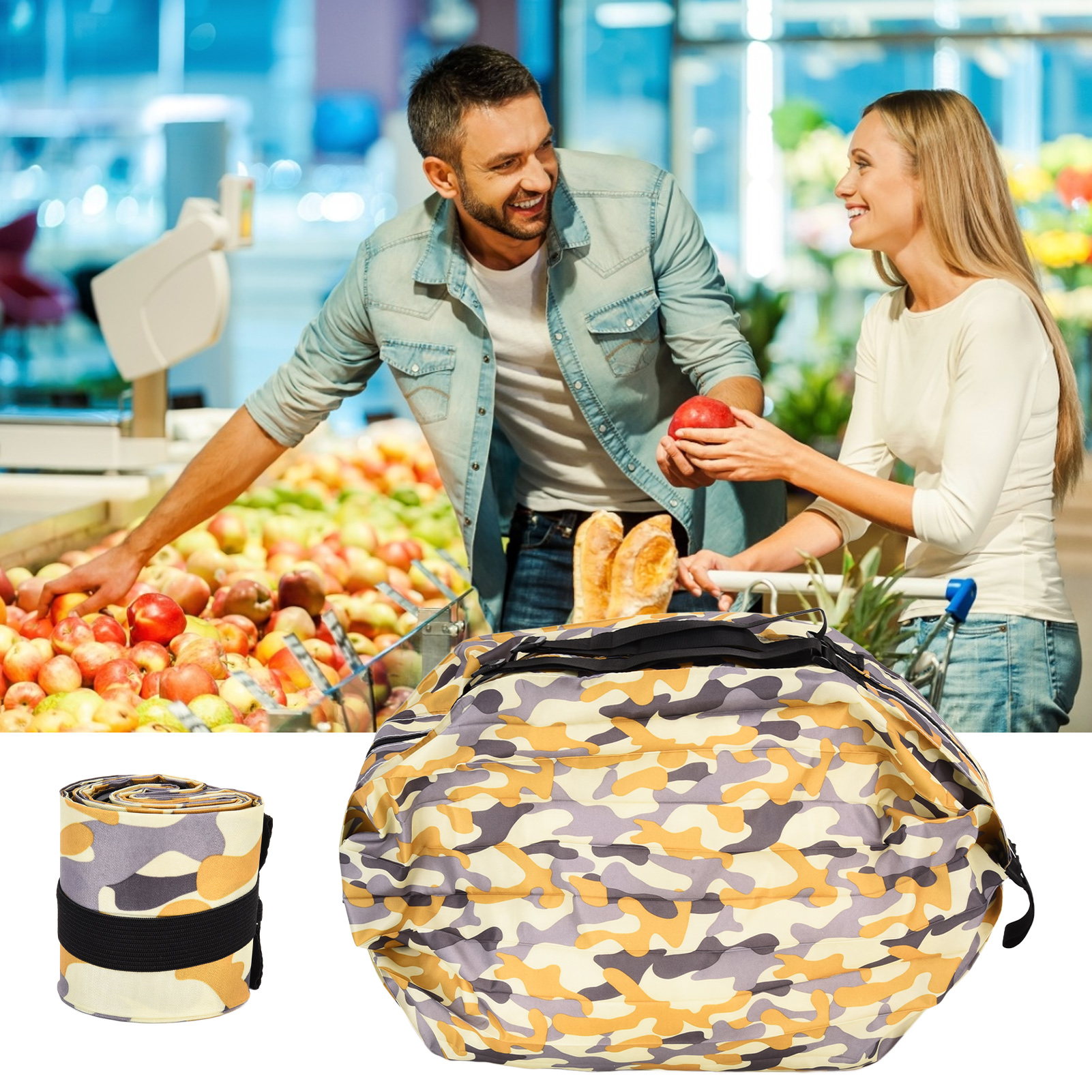 Große Japanische Reisetasche Aus Polyester Im Akkordeonstil, Wasserdicht, Faltbar Und Tragbar, Gelbes Tarnmuster.