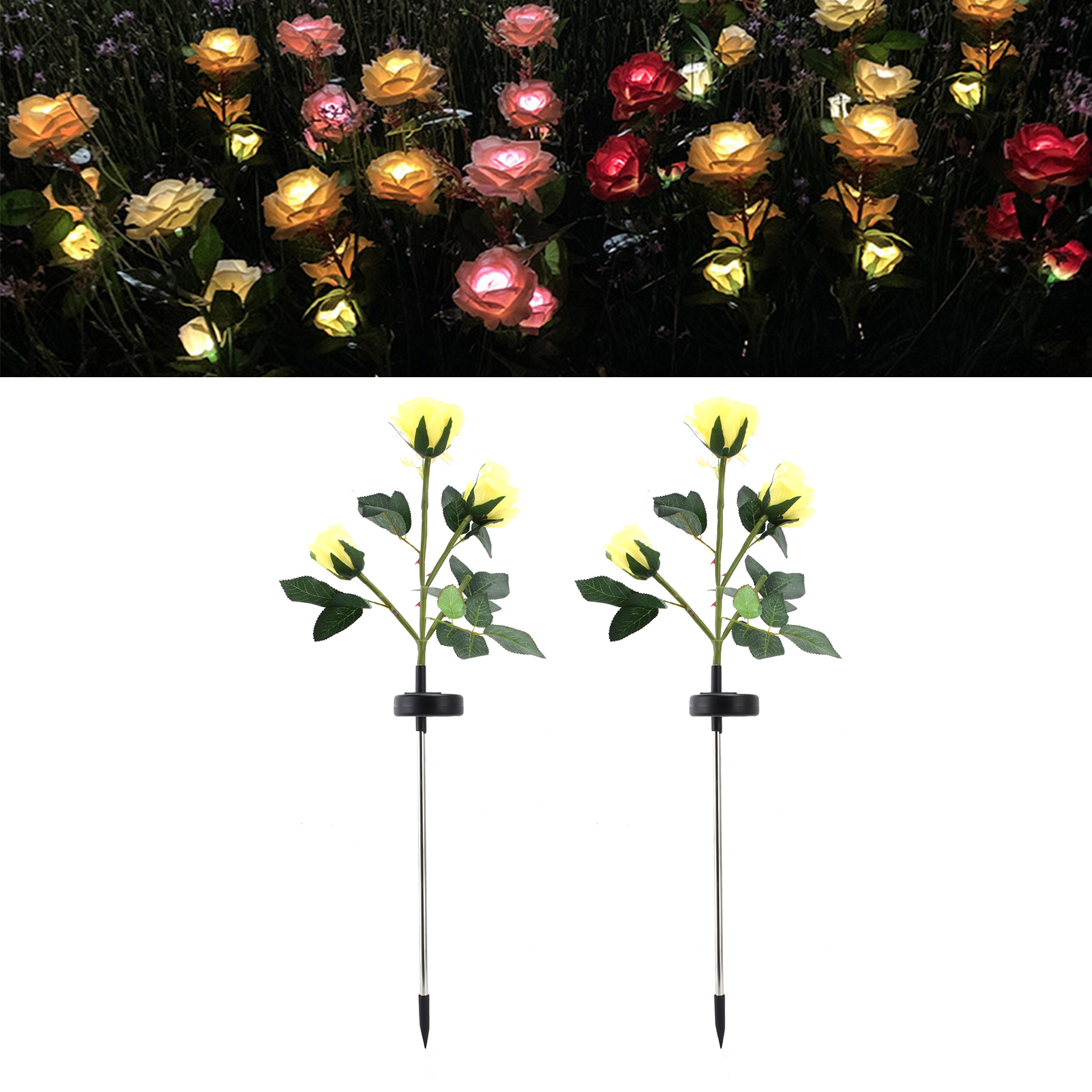 Set Mit 2 Blütenförmigen Led-solarleuchten Für Rosen, Gartenleuchte Mit Bodenfassung, Rasenleuchte, Außenbeleuchtung, Wird Paarweise Verkauft (zwei Gelbe).