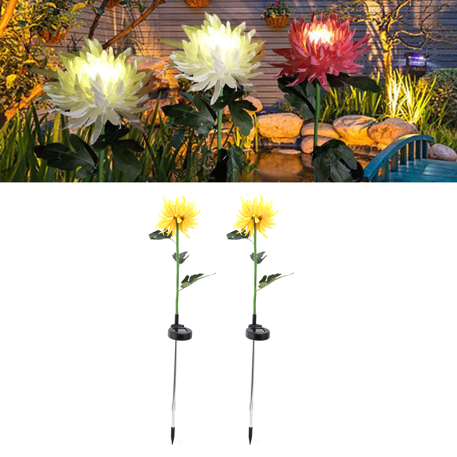 Set Aus 2 Led-solarlampen In Form Von Chrysanthemen, Künstliche Blumen Für Den Außenbereich, Hof Oder Rasen, Zum Einstecken In Den Boden, Zur Gartendekoration Und Landschaftsgestaltung (gelb).