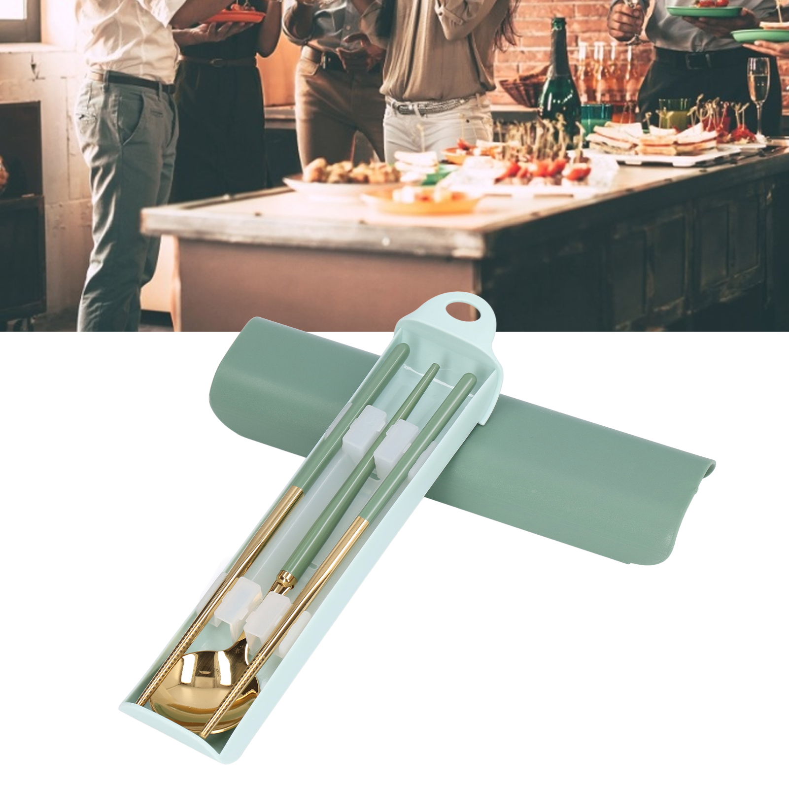 Tragbares Edelstahl-besteckset, Aufbewahrungsbox Für Essstäbchen, Reiselöffelset, Einzelset, Grün Und Gold.
