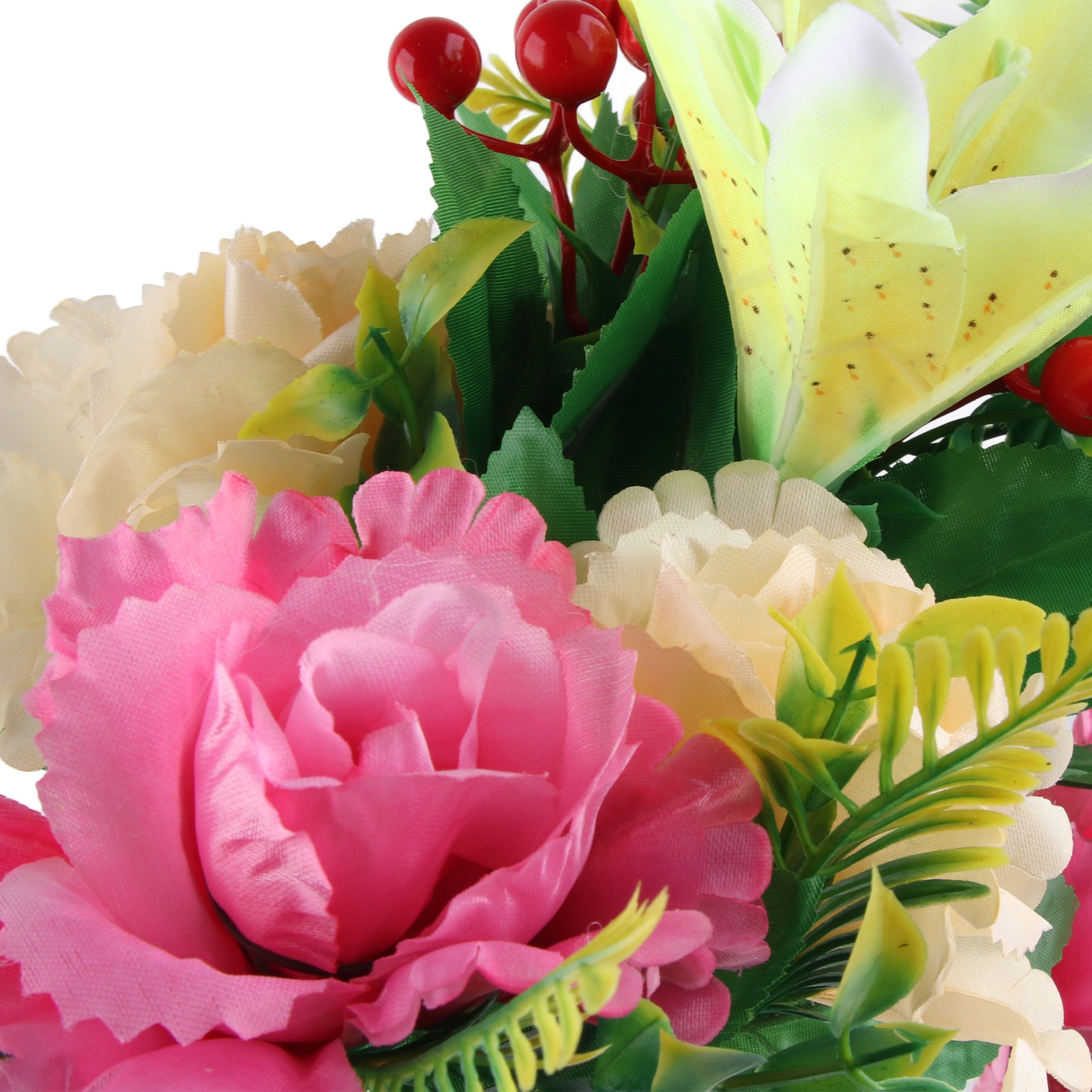 Sasa-rosen- Und Gelbe Lilienstecklinge Für Beerdigungen / Seide, Kunststoff, Draht / Gesamthöhe 45 Cm, 3 Lilien, 6 Pfingstrosen, 27 Früchte /