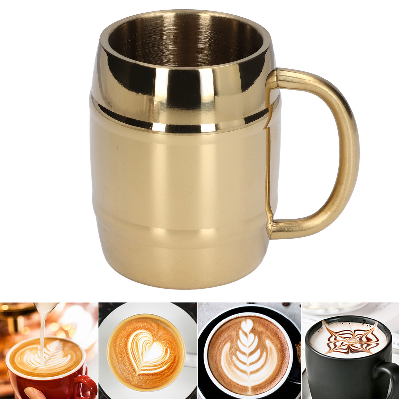 Vergoldeter, Doppelwandiger Edelstahlbecher Für Kaffee, Bier Oder Tee, Hitzebeständiger Griff, 420 Ml