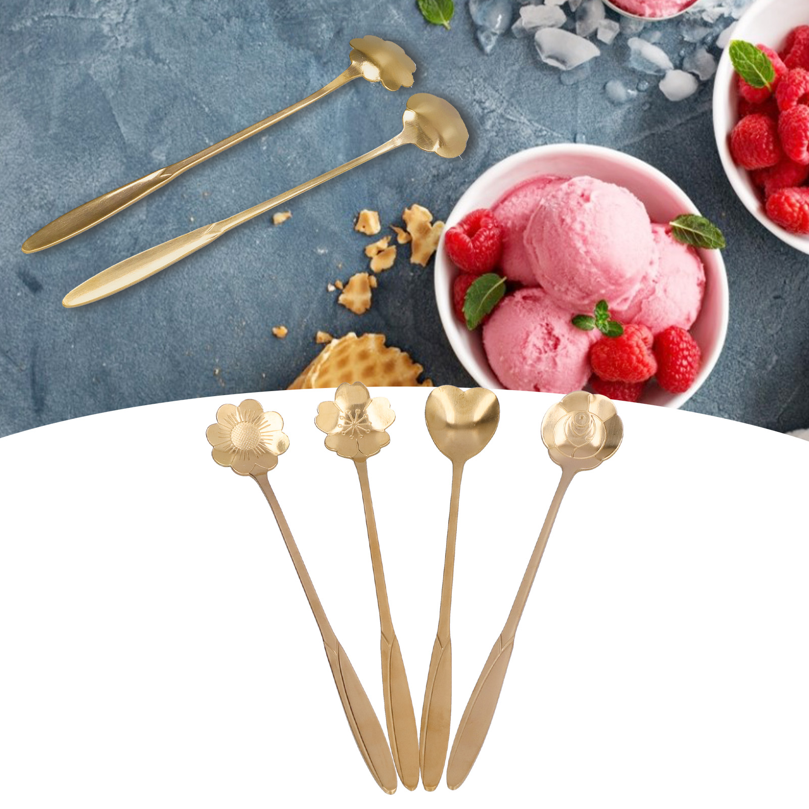 4 Edelstahl-blumenlöffel, Eiscremelöffel Mit Langem Griff, Rührlöffel, Vergoldete Kirschblütenlöffel, Herzlöffel, Teelöffel (vergoldet).