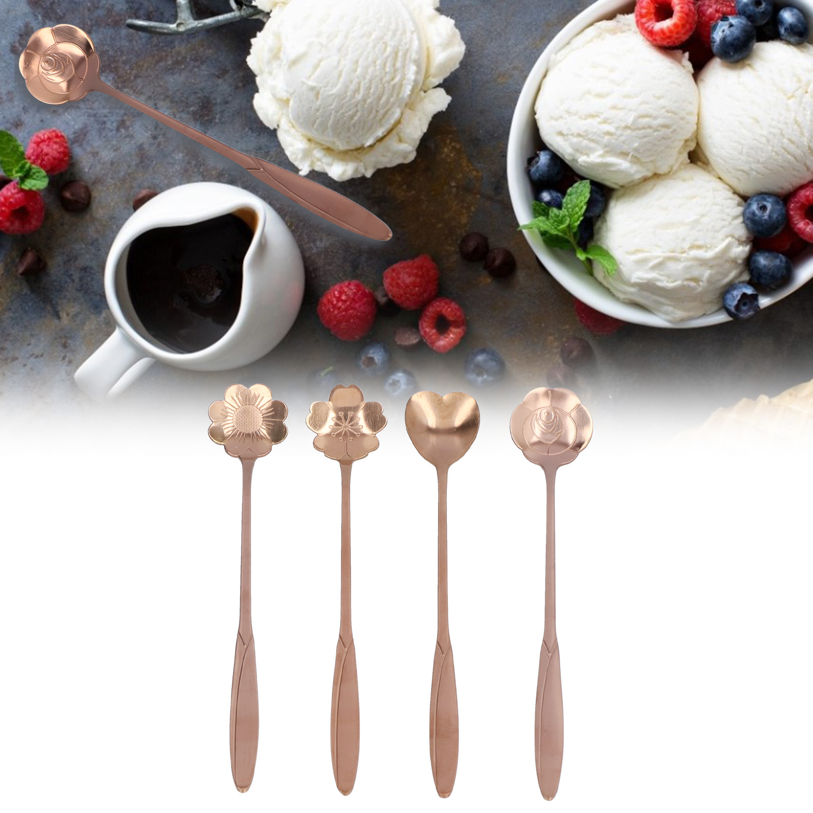 Edelstahl-blumenlöffel, Eislöffel Mit Langem Griff, Rührlöffel, Vergoldete Kirschblütenlöffel, Herzförmige Löffel, Teelöffel, Roségold