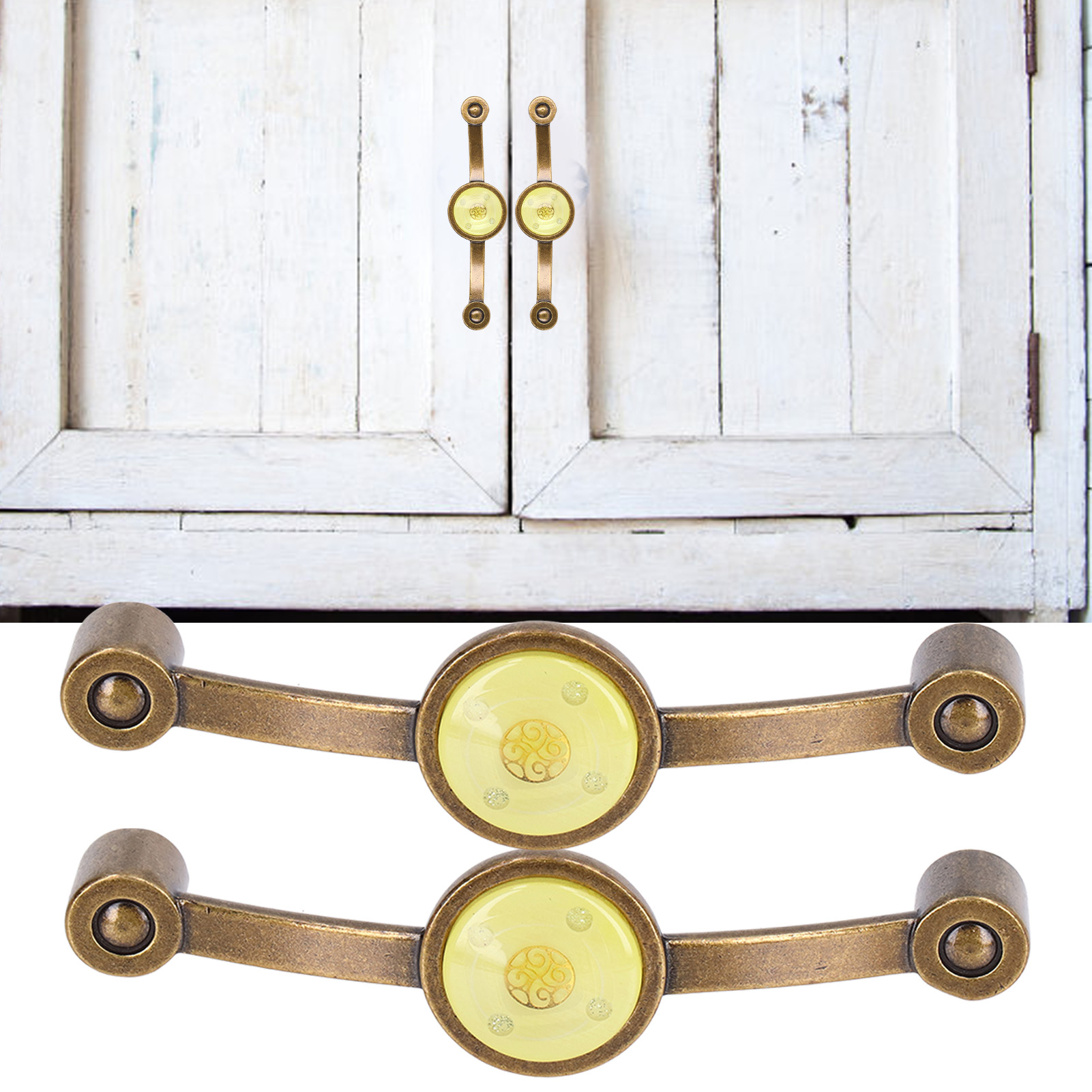 Set Aus 2 Antiken Schubladengriffen Aus Zinklegierung In Bronzeoptik, Europäischer Landhausstil, Farbige Acrylgriffe, Gelb.