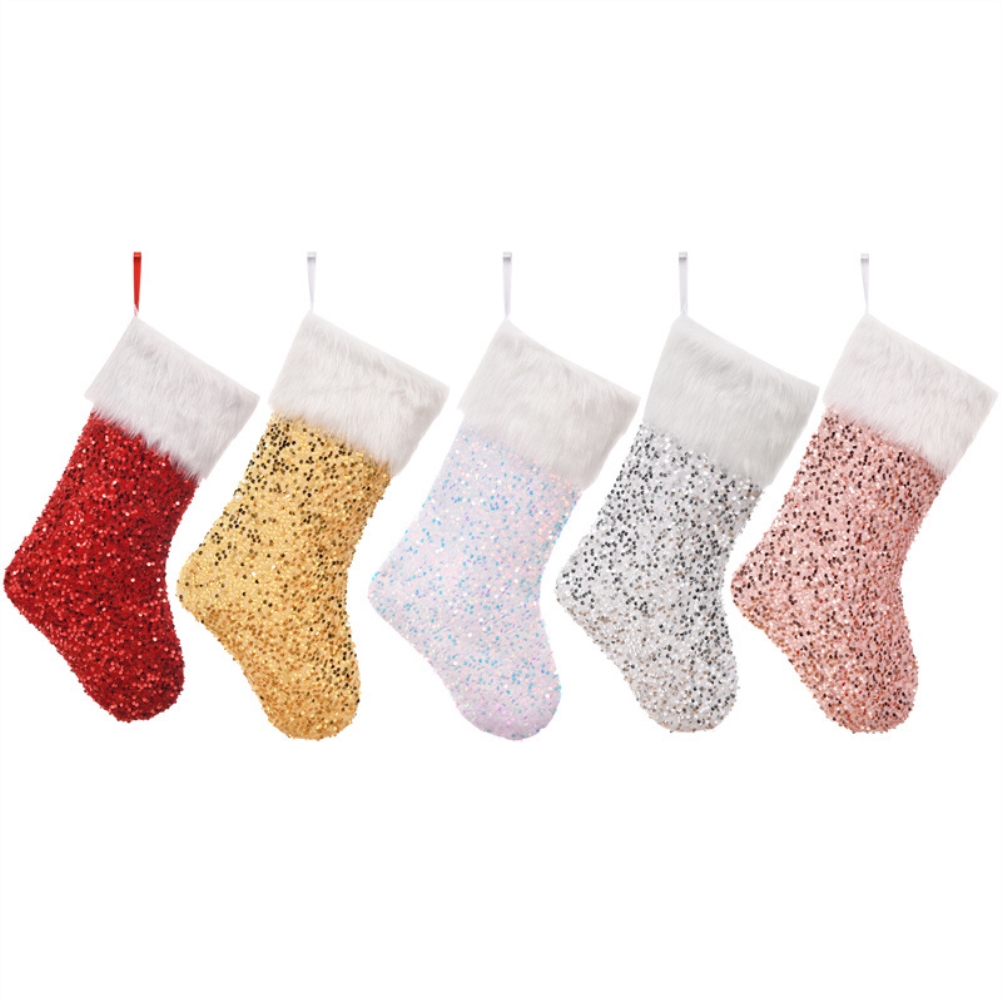 Neue Grenzüberschreitende Weihnachtsstrümpfe Mit Glitzer Und Weißem Rand, Weihnachtsdekorationen, Weihnachtsgeschenktüten, Gold