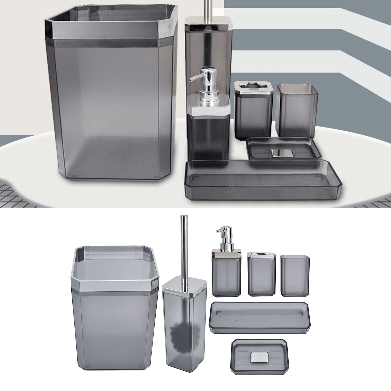 Ein Set Beinhaltet 7 Badezimmeraccessoires: Einen Zahnbürstenhalter, Einen Zahnbürstenbecher, Eine Seifenschale, Einen Toilettenbürstenhalter, Einen Abfalleimer, Eine Flasche Handdesinfektionsmittel U