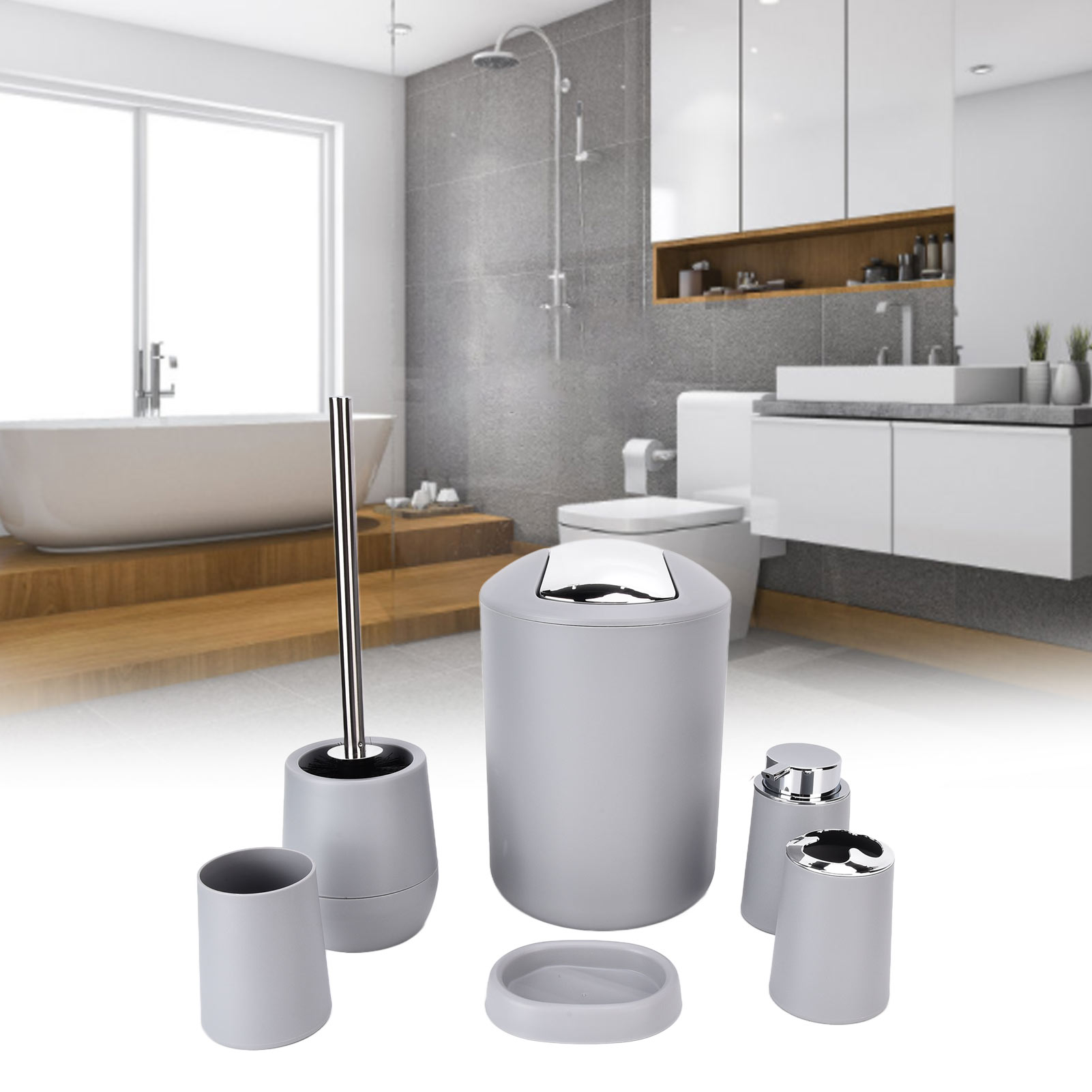 Sechsteiliges Badezimmer-set, Hotelbadezimmer, Galvanisierter Abfalleimer Mit Deckel, Zahnbürste, Becher, Seifenschale, Toilettenartikel, Grau