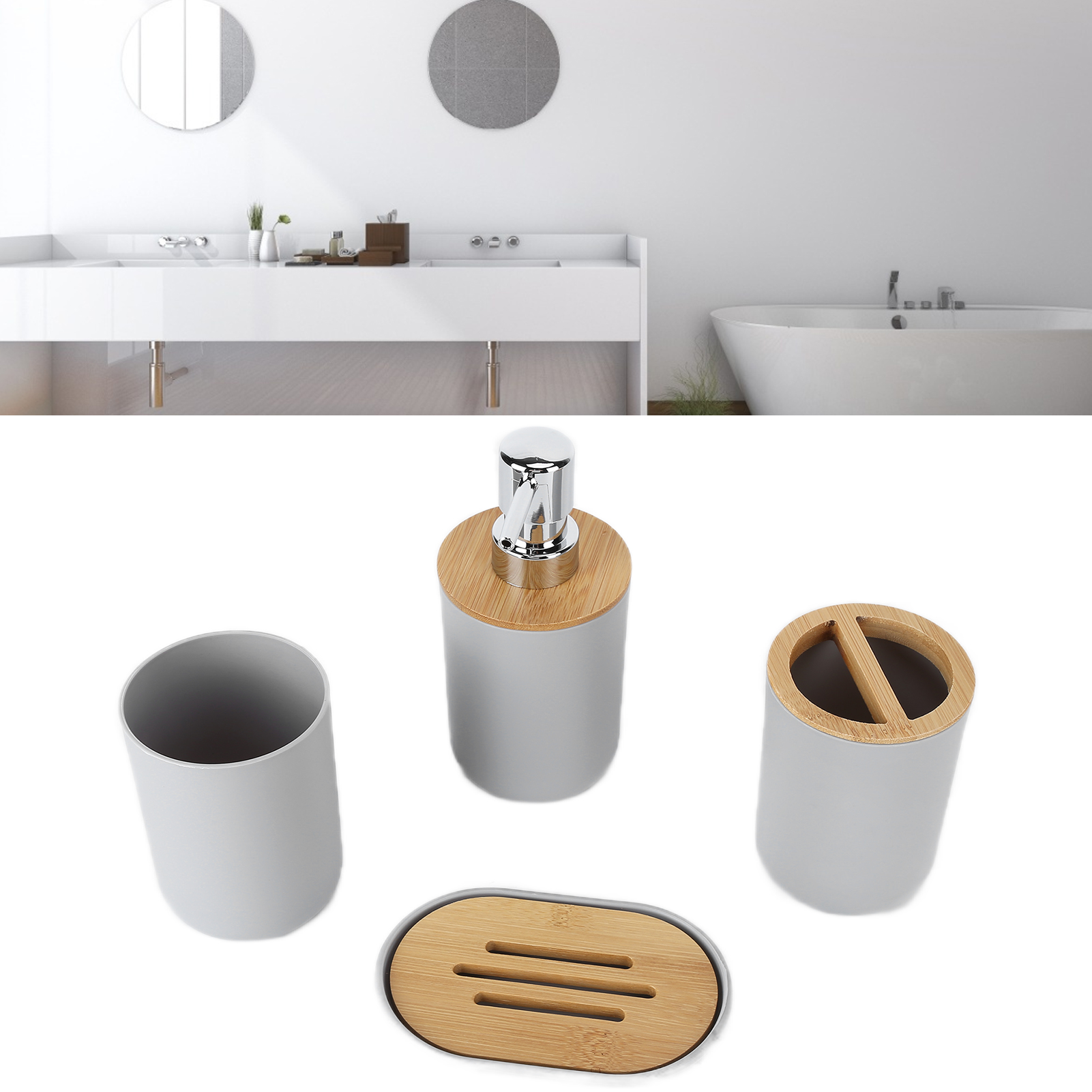 4-teiliges Hotelbadezimmer-set, Nordisches Bambus-badezimmer-set, Bambus-toilettenartikel, Kunststoff-zahnbürste, Grau.