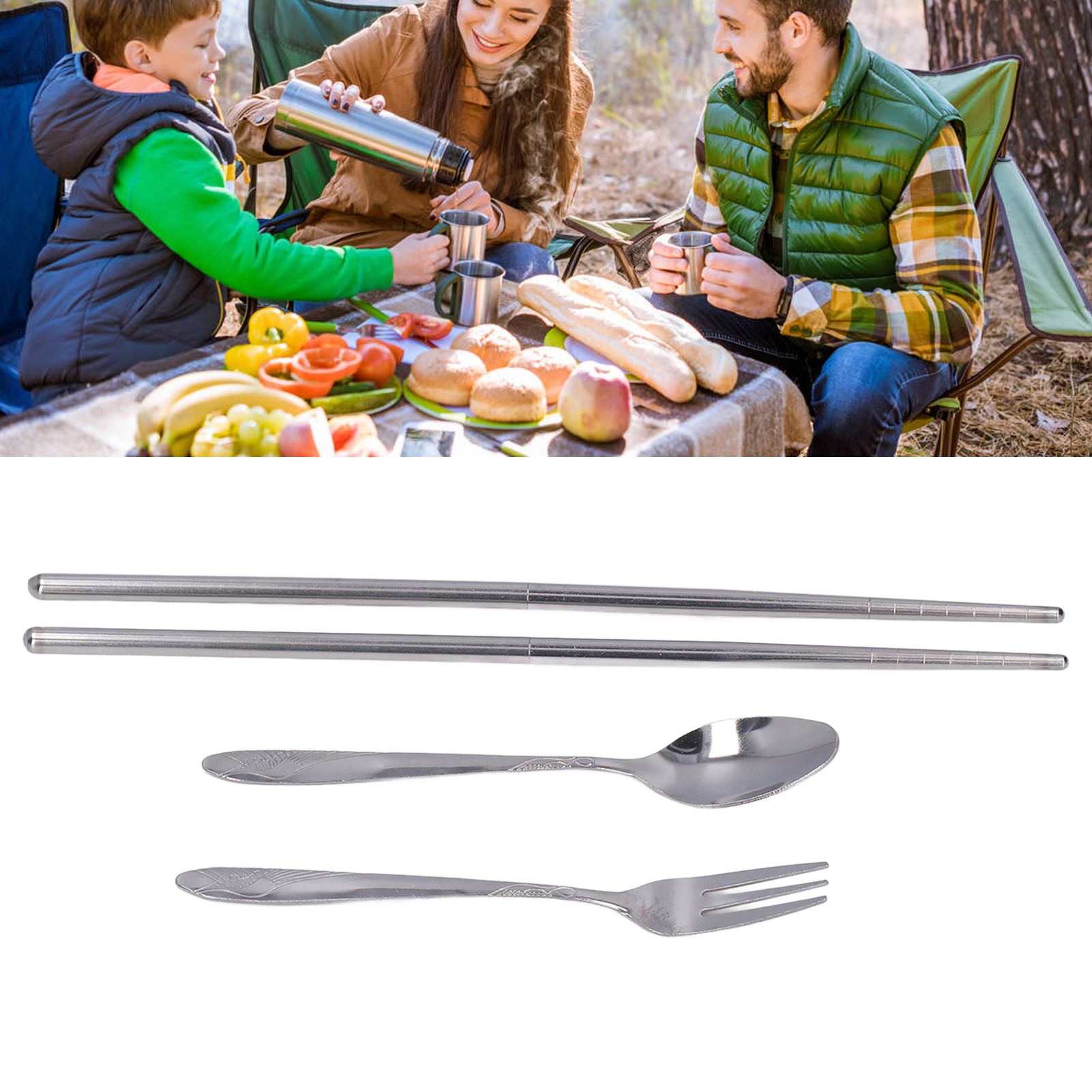 Tragbares Dreiteiliges Essgeschirr-set Aus Edelstahl, Bestehend Aus Löffeln, Essstäbchen, Gabeln, Stifthalter Und Mehr.
