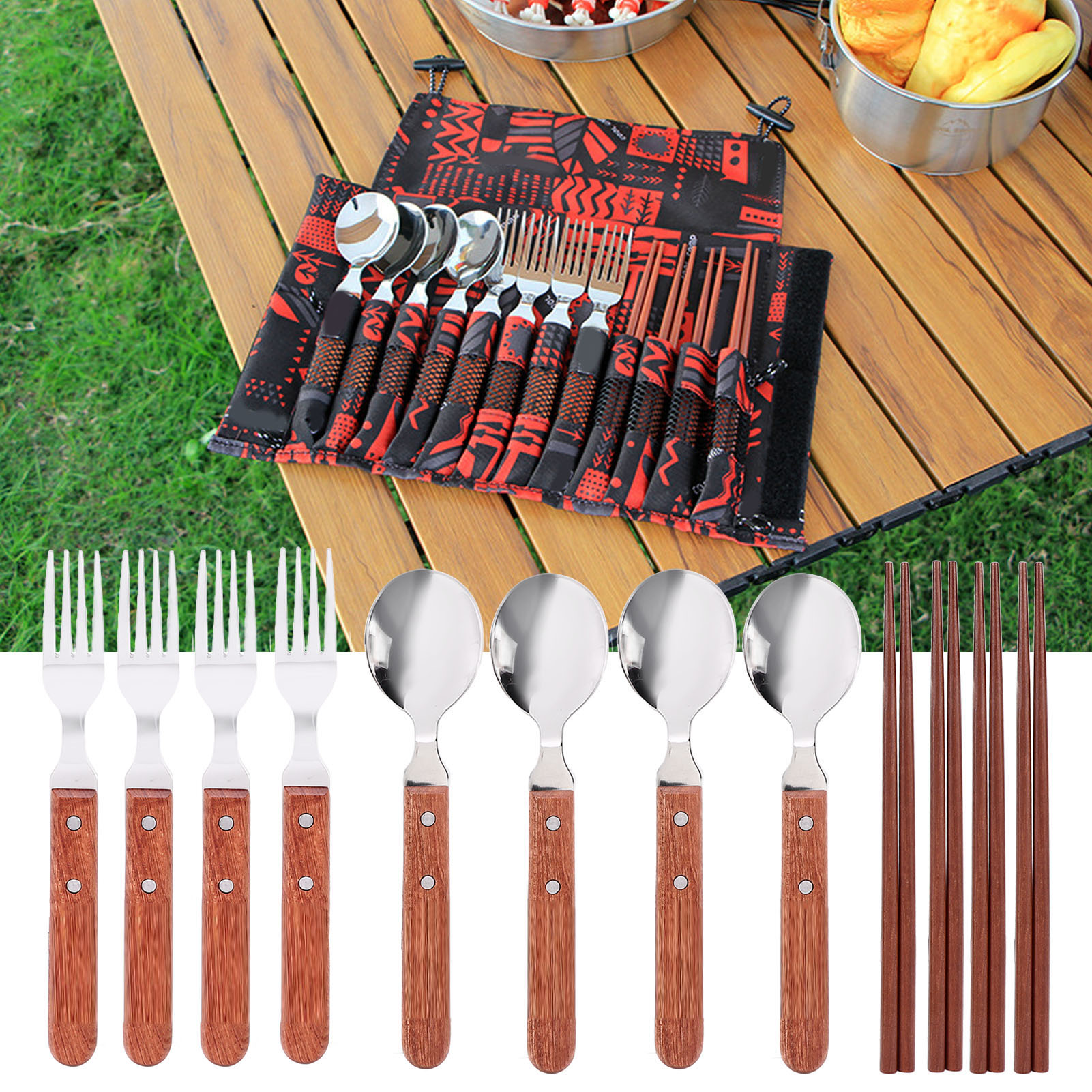 12-teiliges Edelstahl-besteckset (304) Mit Holzgriffen Für 4 Personen, Ideal Für Picknicks, Grillabende Und Camping. Enthält Löffel, Gabeln Und Essstäbchen.