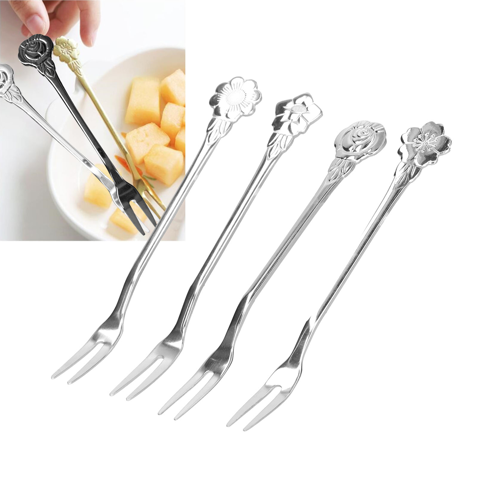 4-teiliges Edelstahl-besteckset, Elegante Und Kreative Dessertgabel, Zweizinkige Obstgabel, Mondkuchengabel, Obstspieße, Silberfarben.