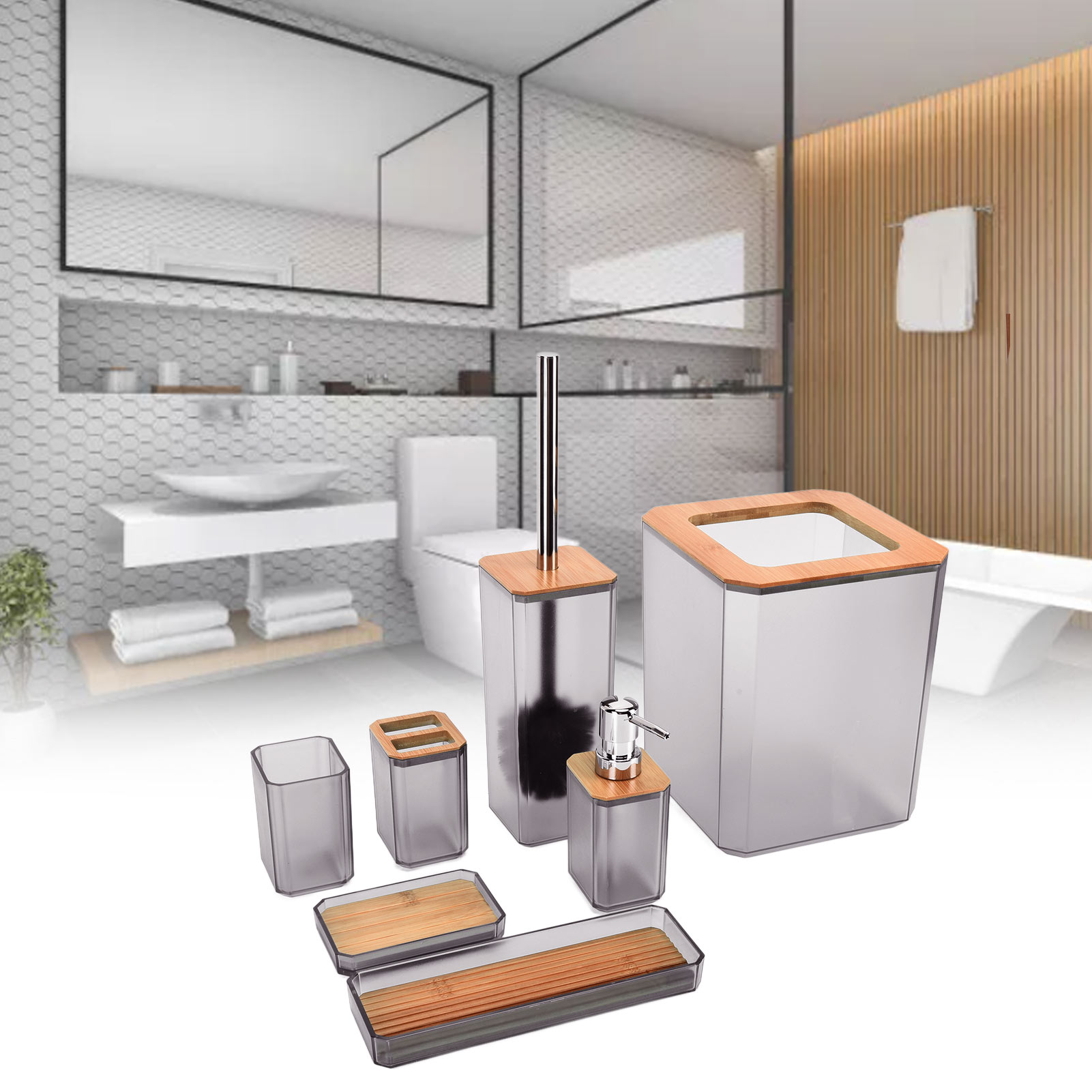 7-teiliges Badezimmer-set Aus Bambus Und Holz, Inklusive Abfalleimer Und Toilettenartikeln, Grau