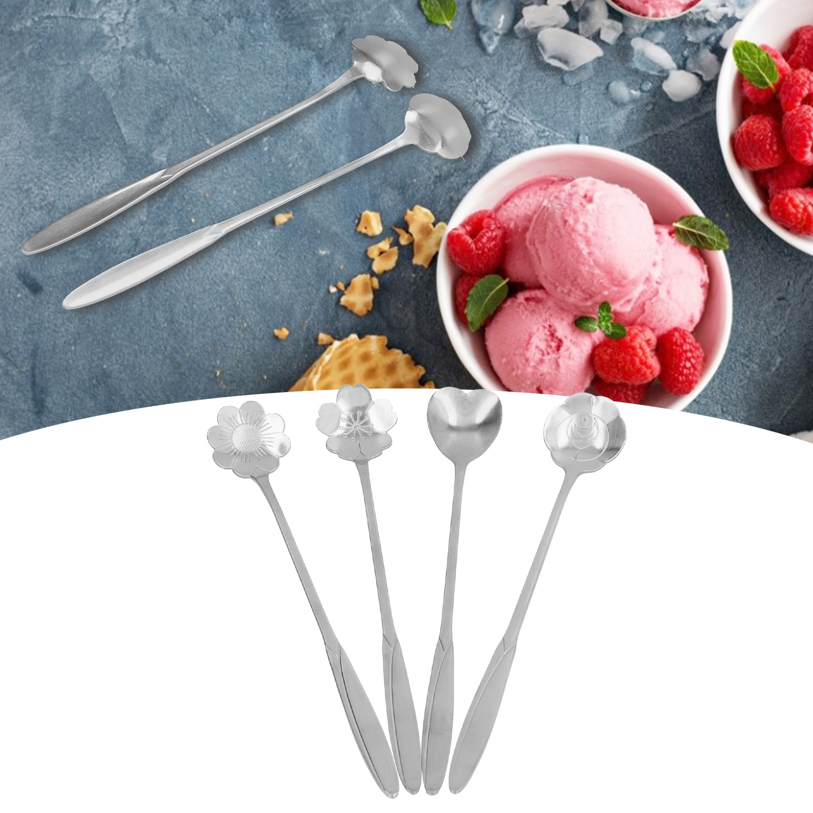 Edelstahl-löffel In Blütenform, Eiscremelöffel Mit Langem Griff, Rührlöffel, Vergoldete Kirschblütenlöffel, Herzförmige Löffel, Teelöffel, Silber