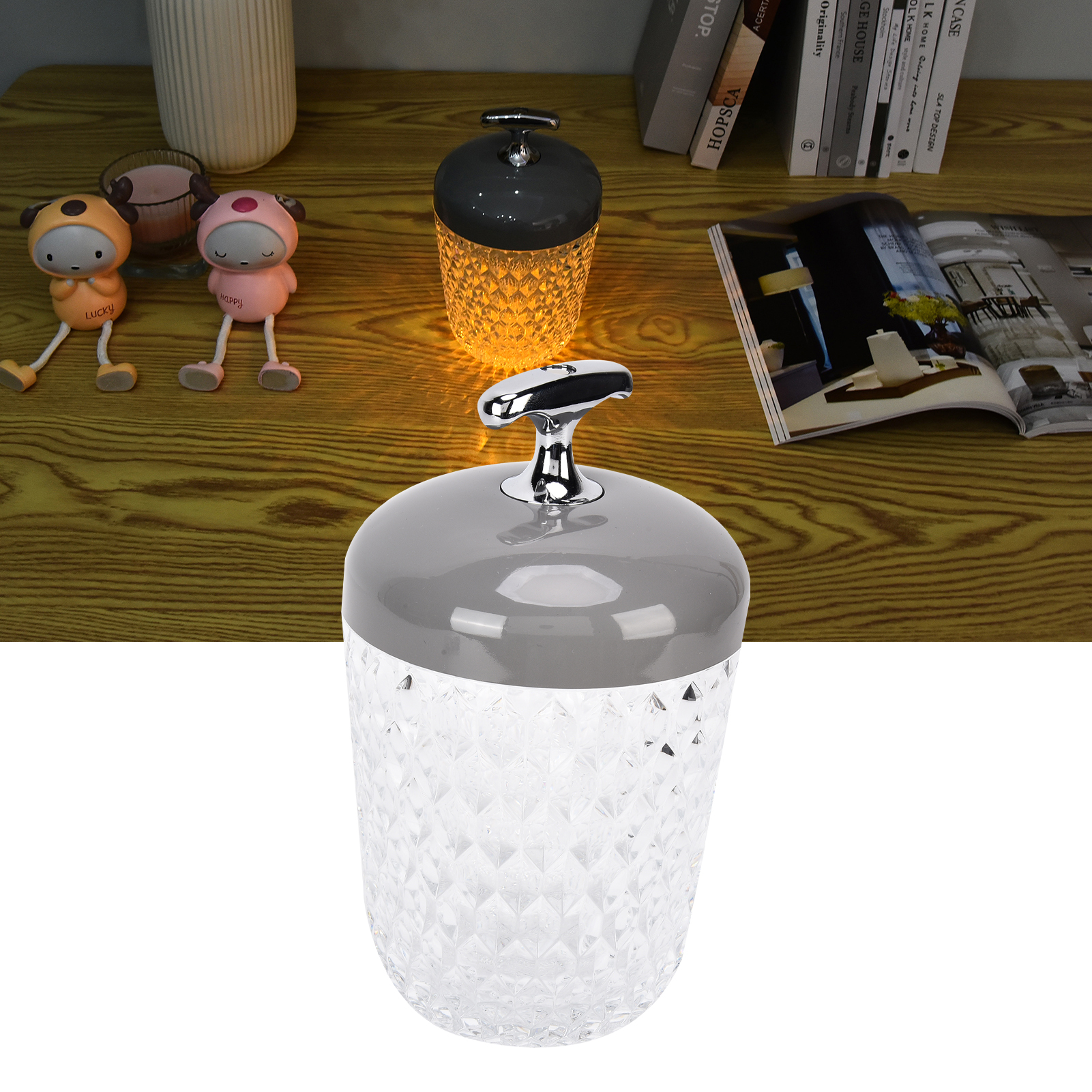 Led-schreibtischlampe Mit Kristallglas, Drei Dimmbare Farben, Usb-aufladbares Nachtlicht, Nachttischlampe, Grau