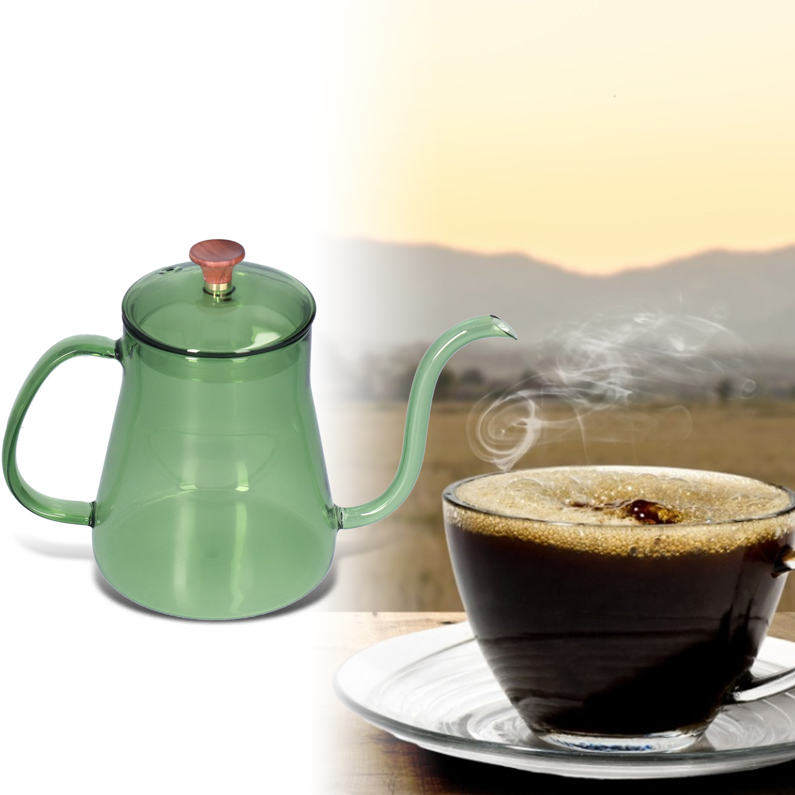 Glaskaffeemaschine Mit Manuellem Perkolator, Kaffeetasse Mit Langem Schwanenhalsausguss, 600-ml-wasserflasche In Grün.