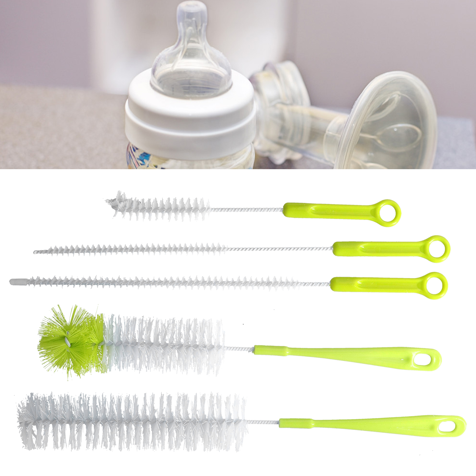 Grünes 5-teiliges Set Bestehend Aus Einer Babyflaschenbürste, Einer Weinflaschenbürste, Einer Tassenbürste Und Einem Make-up-pinsel