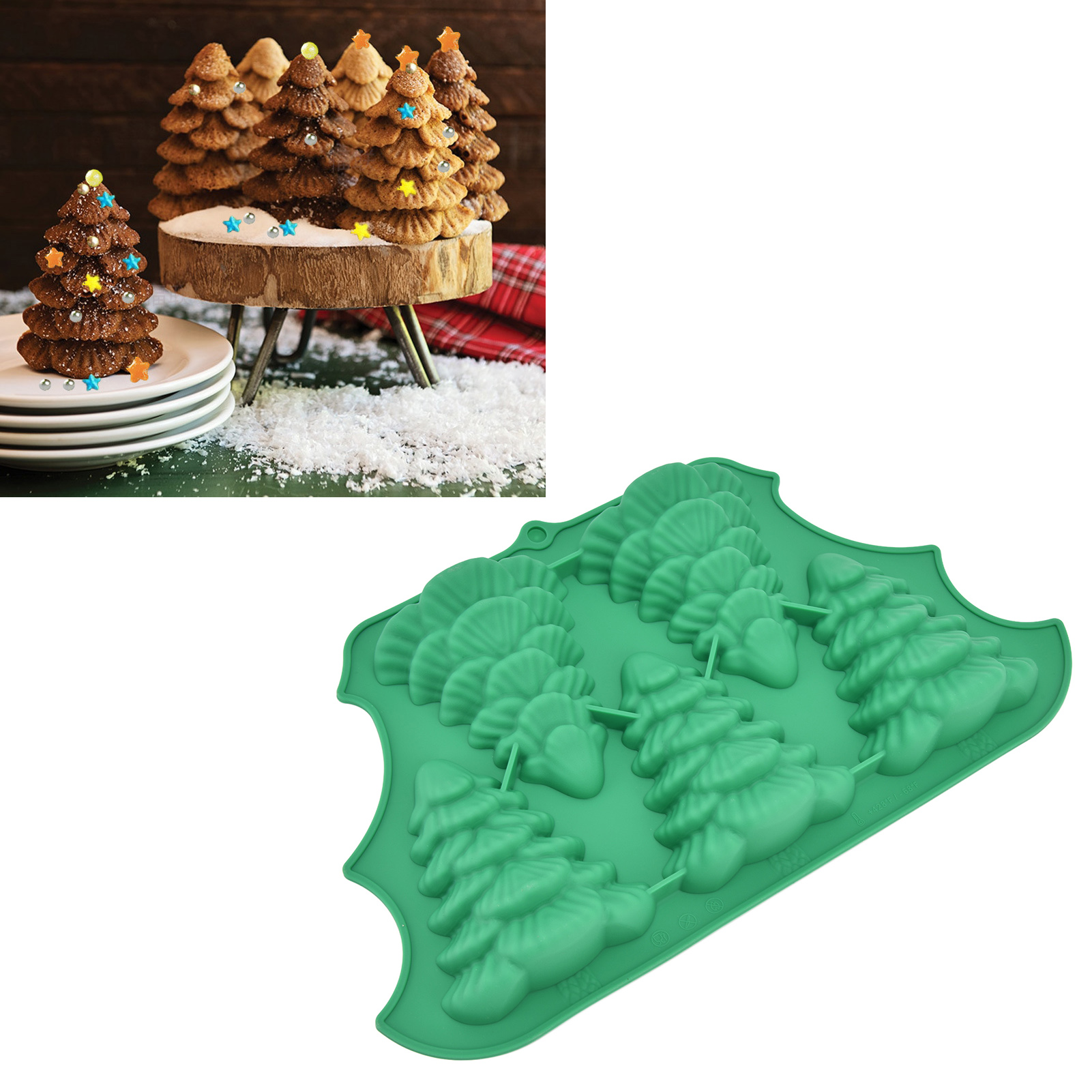 Grüne Silikon-weihnachtsbaum-kuchenform Mit 5 Fächern, Inklusive Backblech Und Backutensilien. Weihnachtsdekorationen Sind Enthalten.