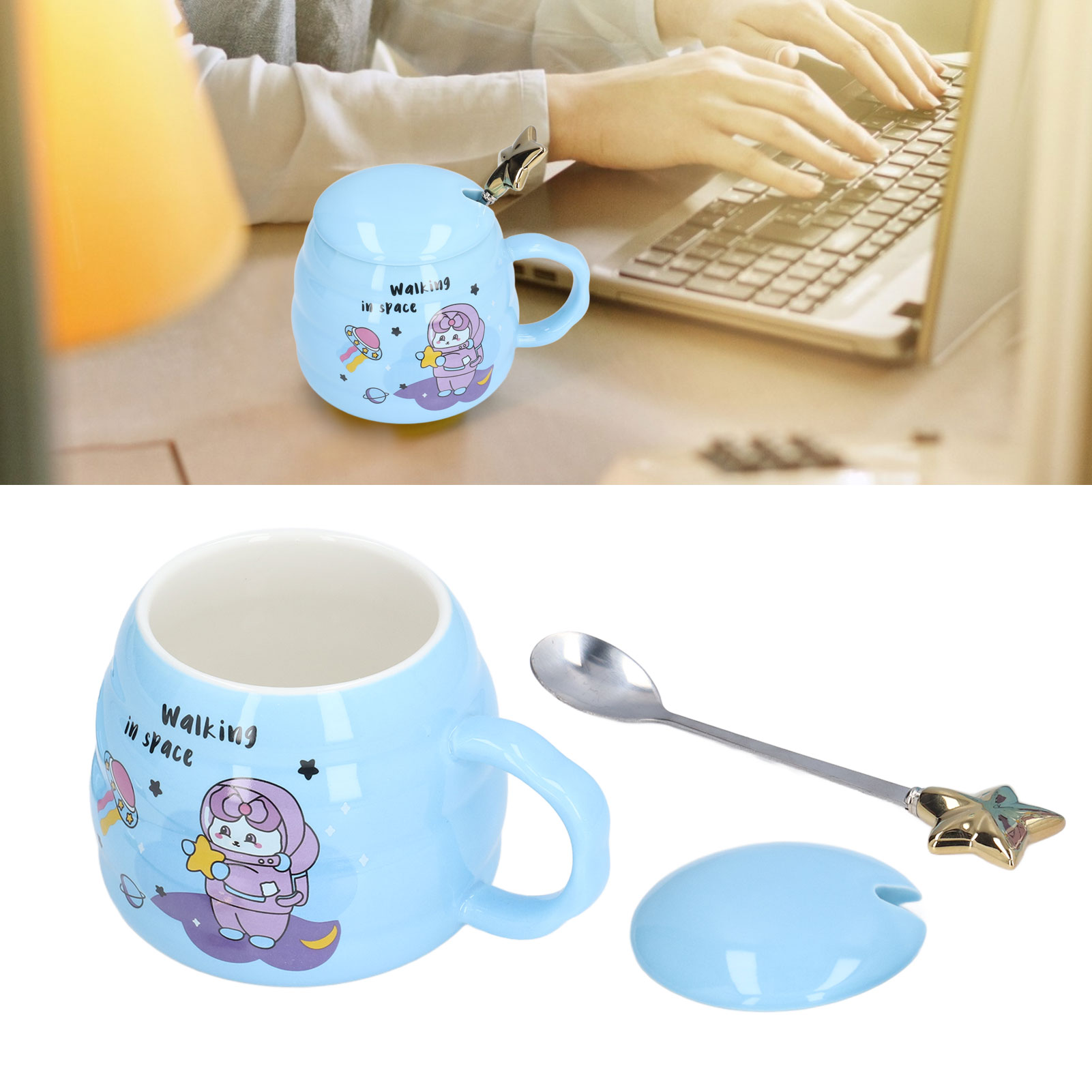 Niedlicher Keramik-kaffeebecher, Bürobecher, Geschenk Mit Deckel Und Löffel, Sternenhimmel-muster.