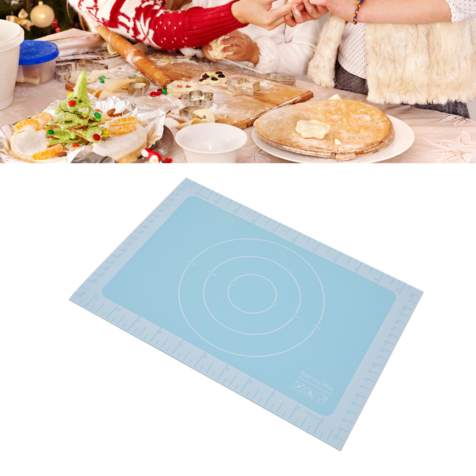 Silikon-backmatte Mit Messskala Für Pizza, Teigkneten, Brot, Kekse Und Gebäckformen, Blauer Hintergrund.