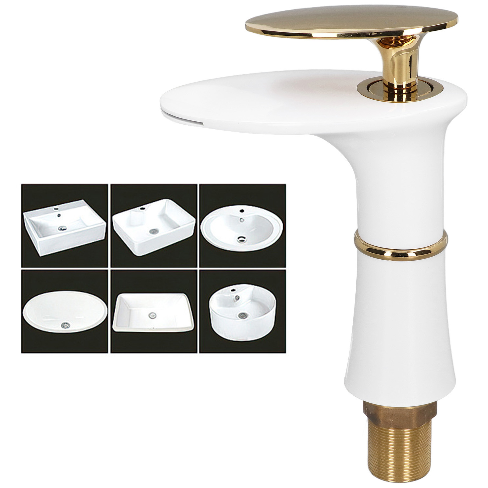 G1/2 Wasserfallarmatur Für Waschtischunterschränke Und Aufsatzwaschbecken, Komplett Aus Kupfer, Einlochmontage, Warm- Und Kaltwasser, Flache Platte – Flaches Modell – Goldgriff