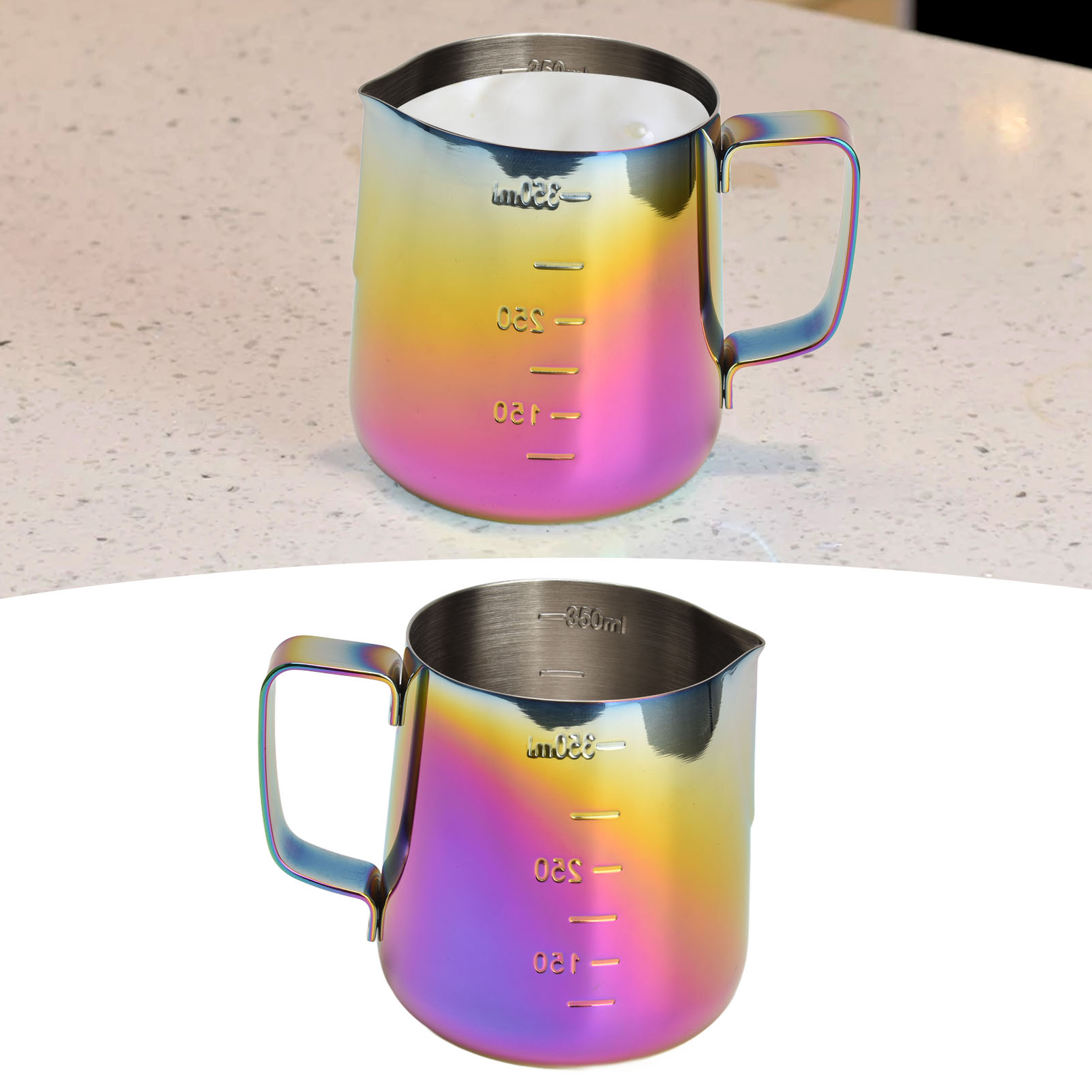Latte-art-becher Aus Edelstahl Mit Spitzem Ausguss, Farbigem Milchaufschäumer, 350 Ml, Mit Skala.