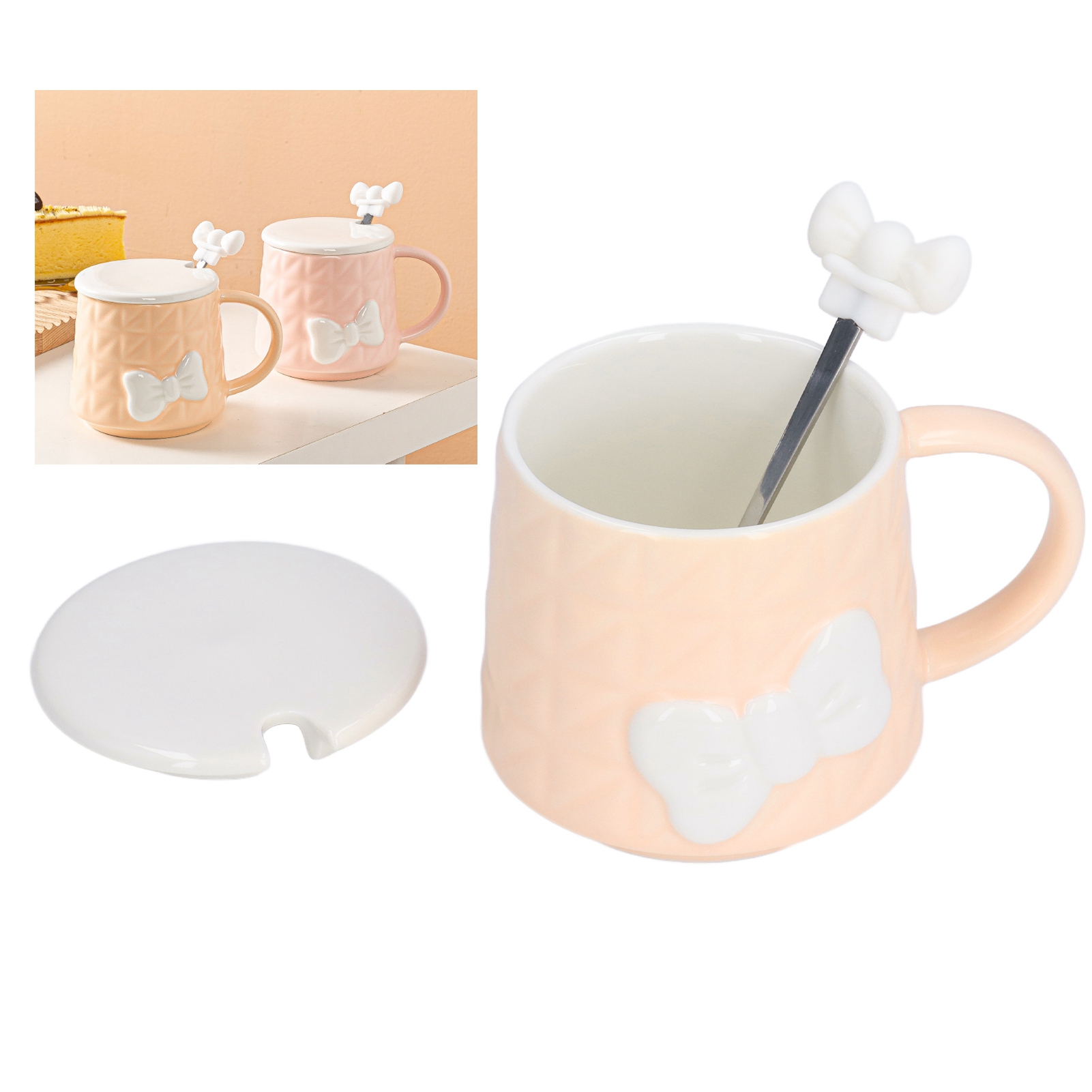 Orangefarbener Keramikbecher Mit Deckel Und Löffel, Originelles Und Niedliches Schleifen-design, Ideal Für Paare, Praktische Geschenkverpackung.